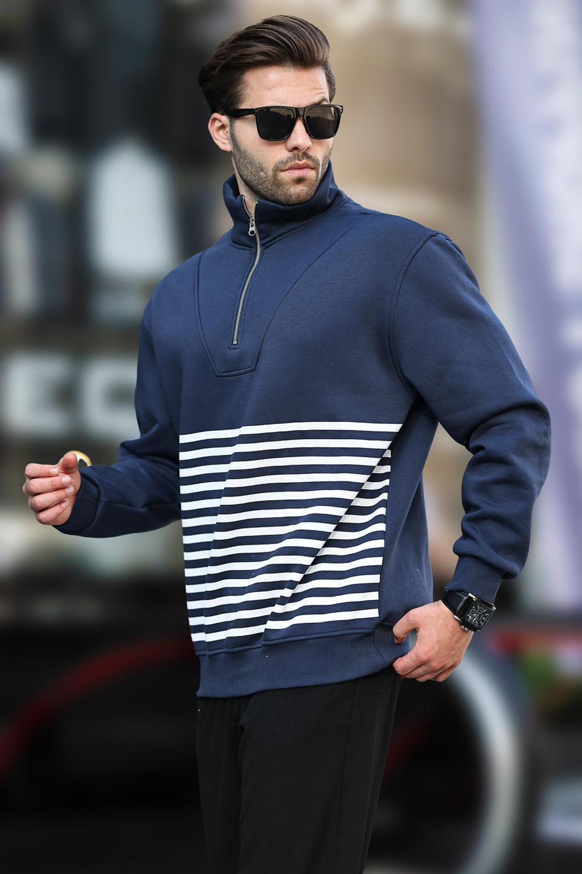 Lacivert Fermuar Yakalı Çizgili Sweatshirt 7056