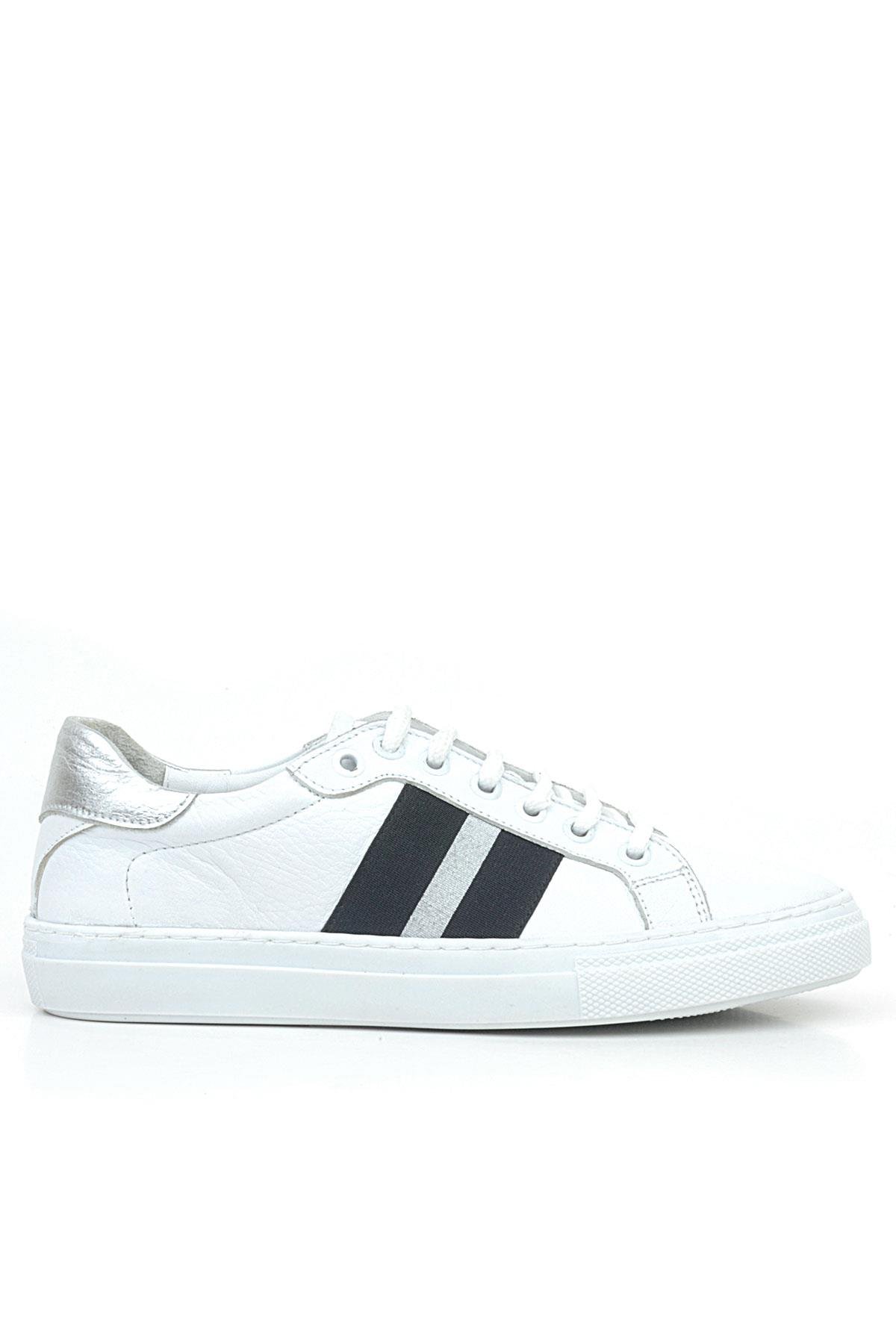 Hakiki Deri Beyaz Siyah Desenli Kadın Sneaker Ayakkabı - Görsel 3