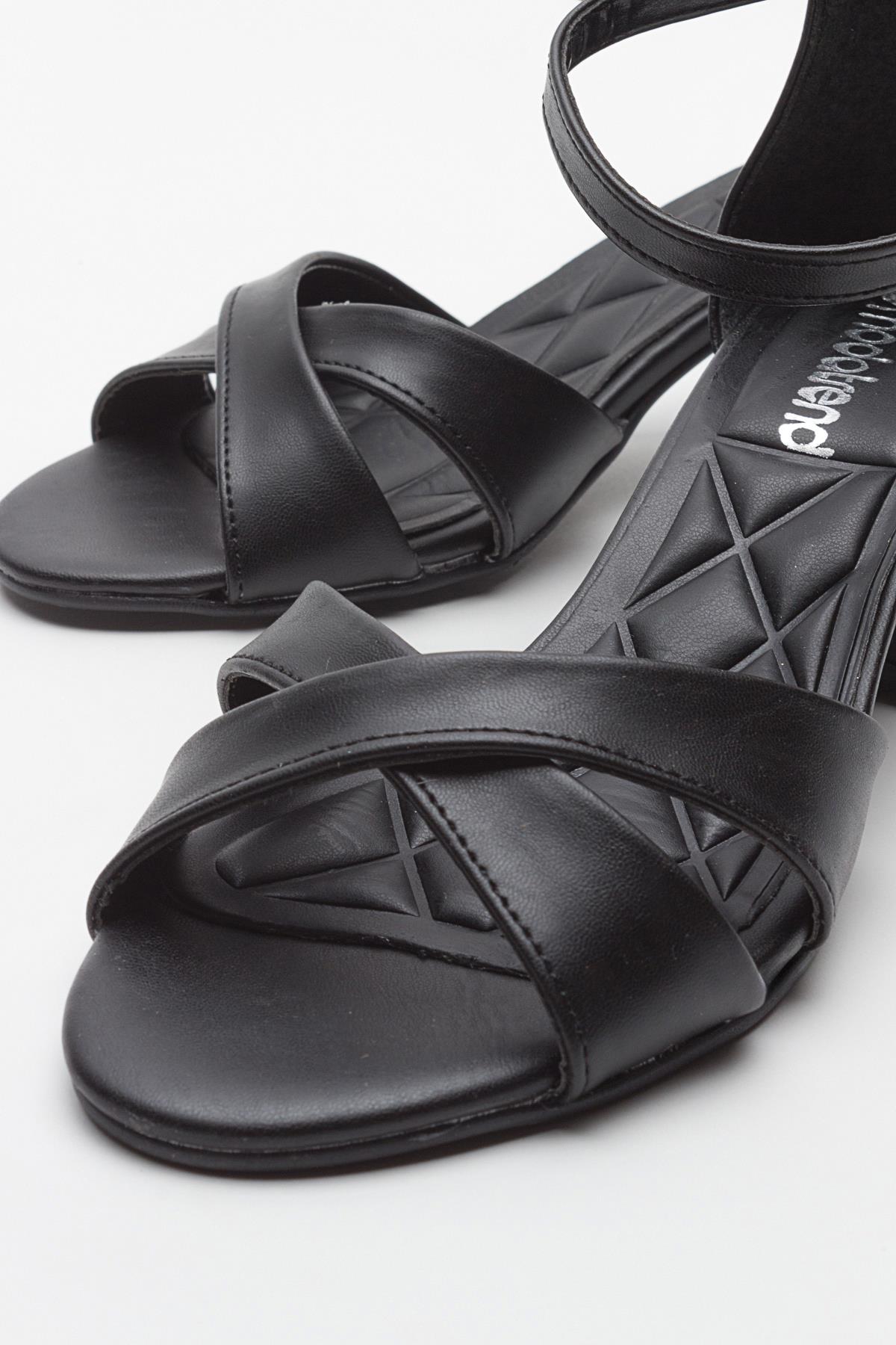 Çapraz Bantlı Kadın Topuklu Sandalet SİYAH CİLT - Görsel 4