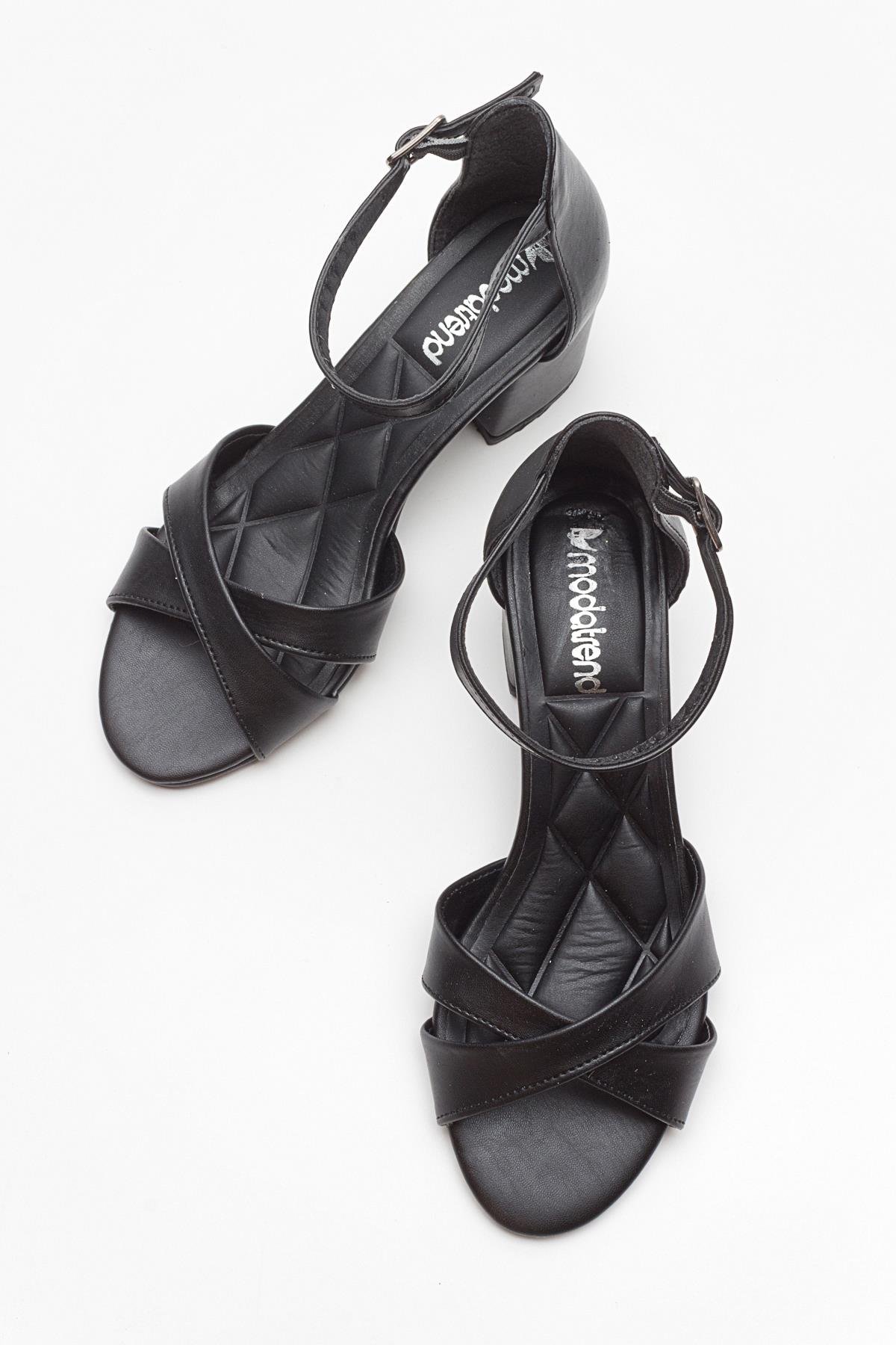 Çapraz Bantlı Kadın Topuklu Sandalet SİYAH CİLT - Görsel 6