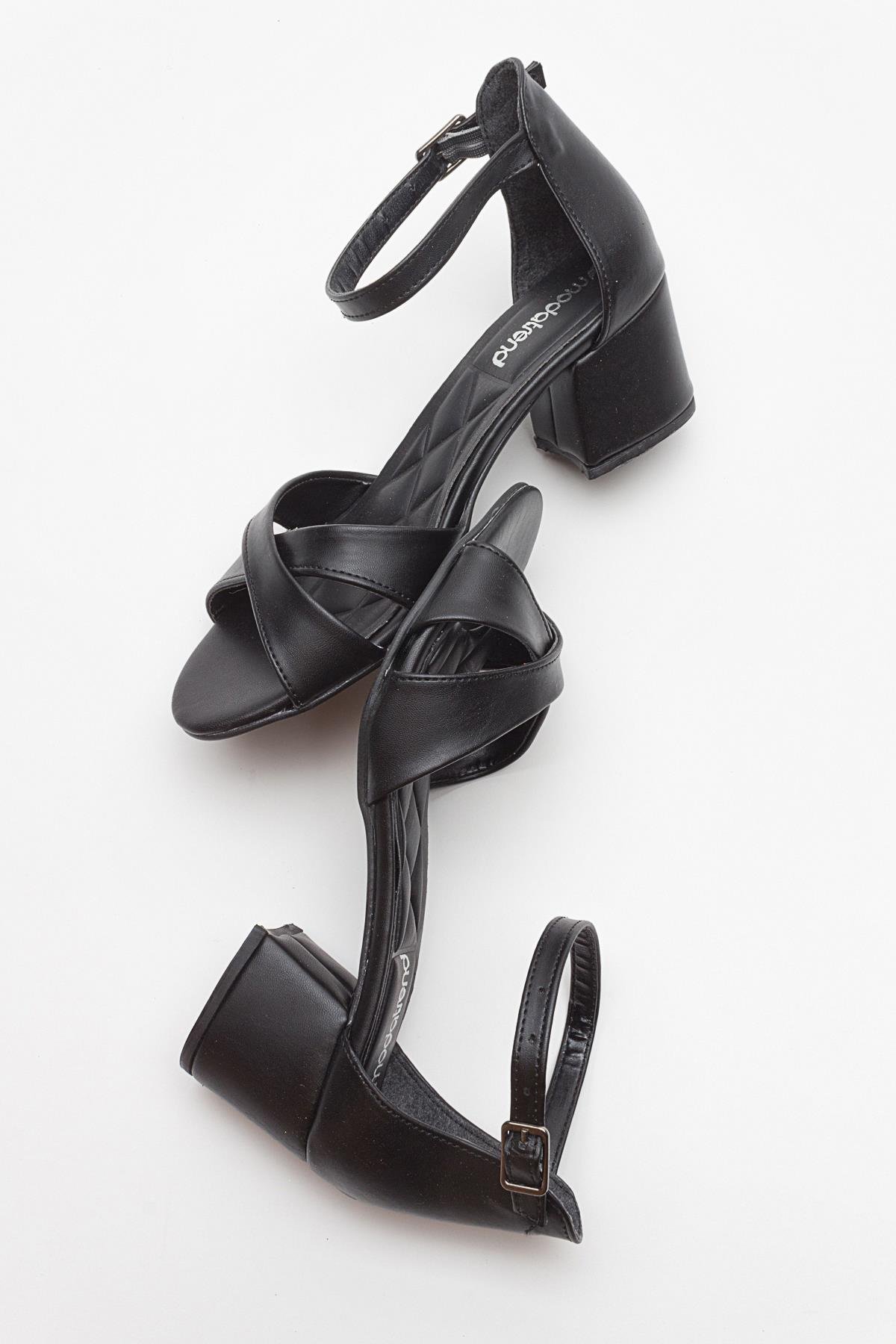 Çapraz Bantlı Kadın Topuklu Sandalet SİYAH CİLT - Görsel 7