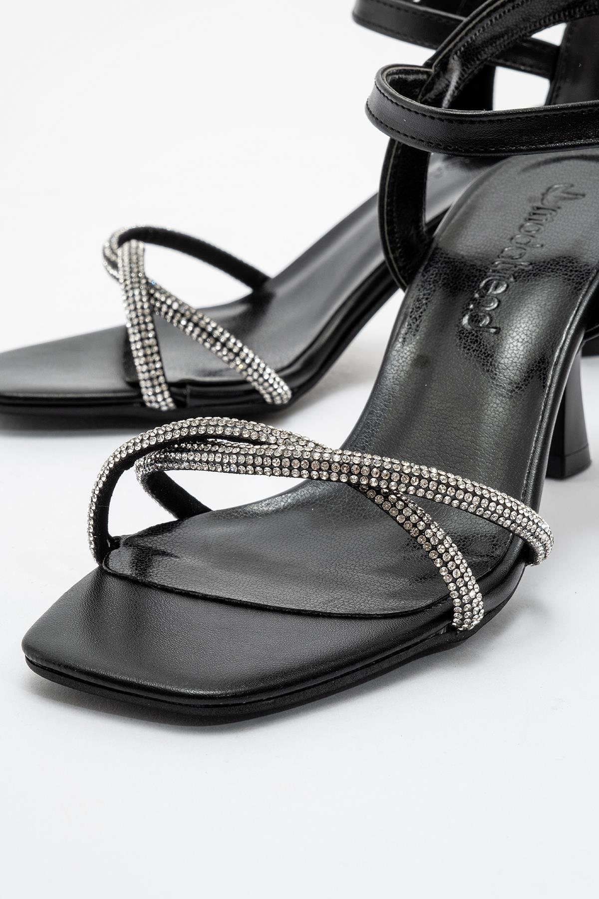 Kadın Dolama Taşlı Topuklu Sandalet SİYAH GÜMÜŞ - Görsel 4