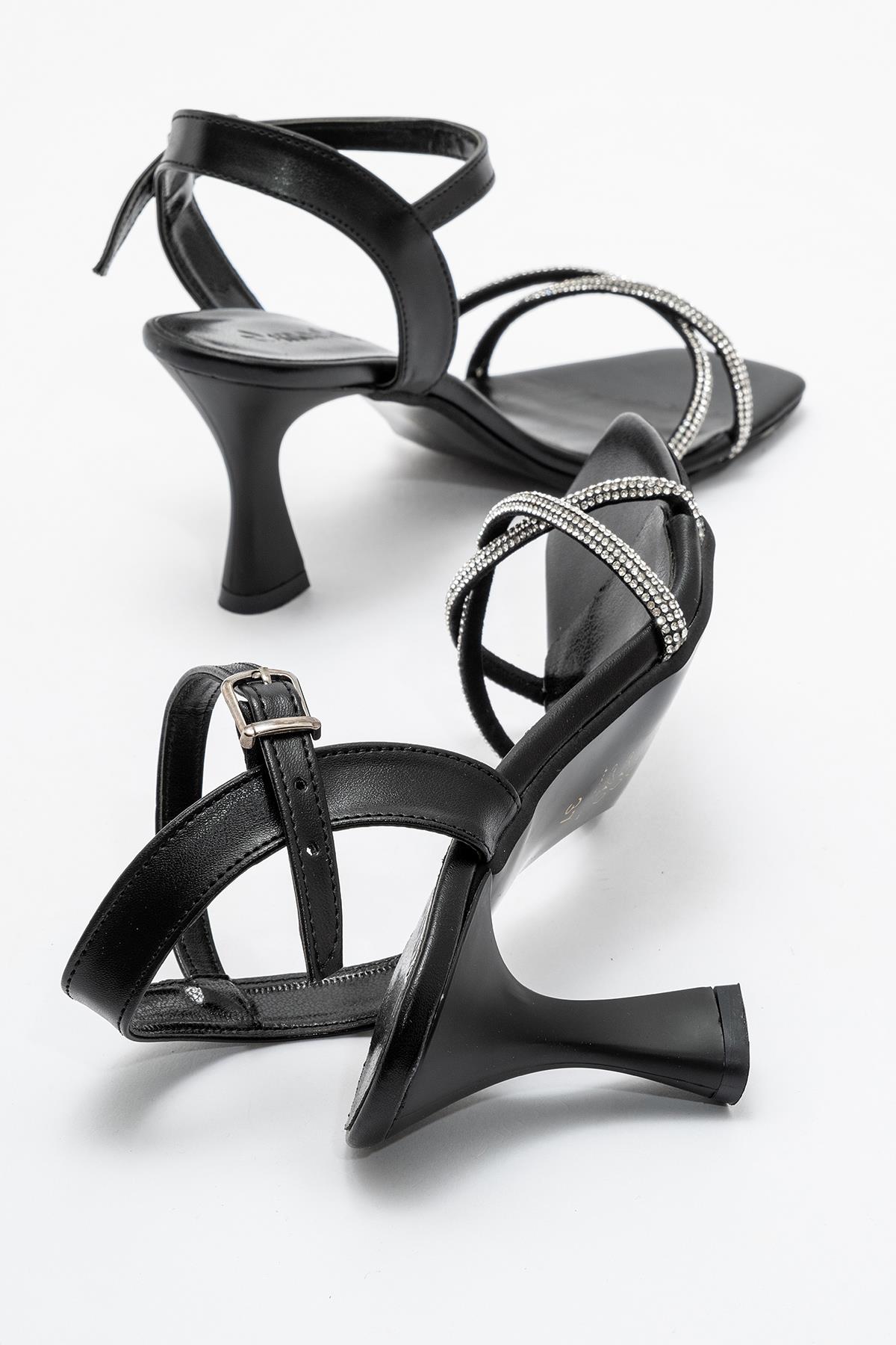 Kadın Dolama Taşlı Topuklu Sandalet SİYAH GÜMÜŞ - Görsel 5