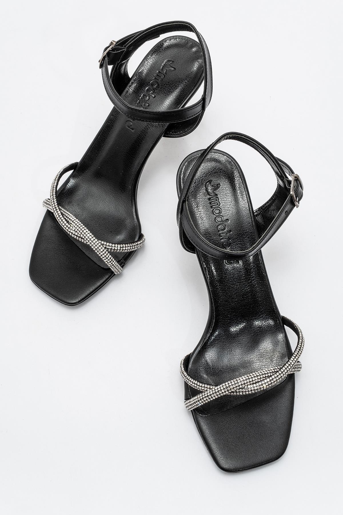 Kadın Dolama Taşlı Topuklu Sandalet SİYAH GÜMÜŞ - Görsel 6