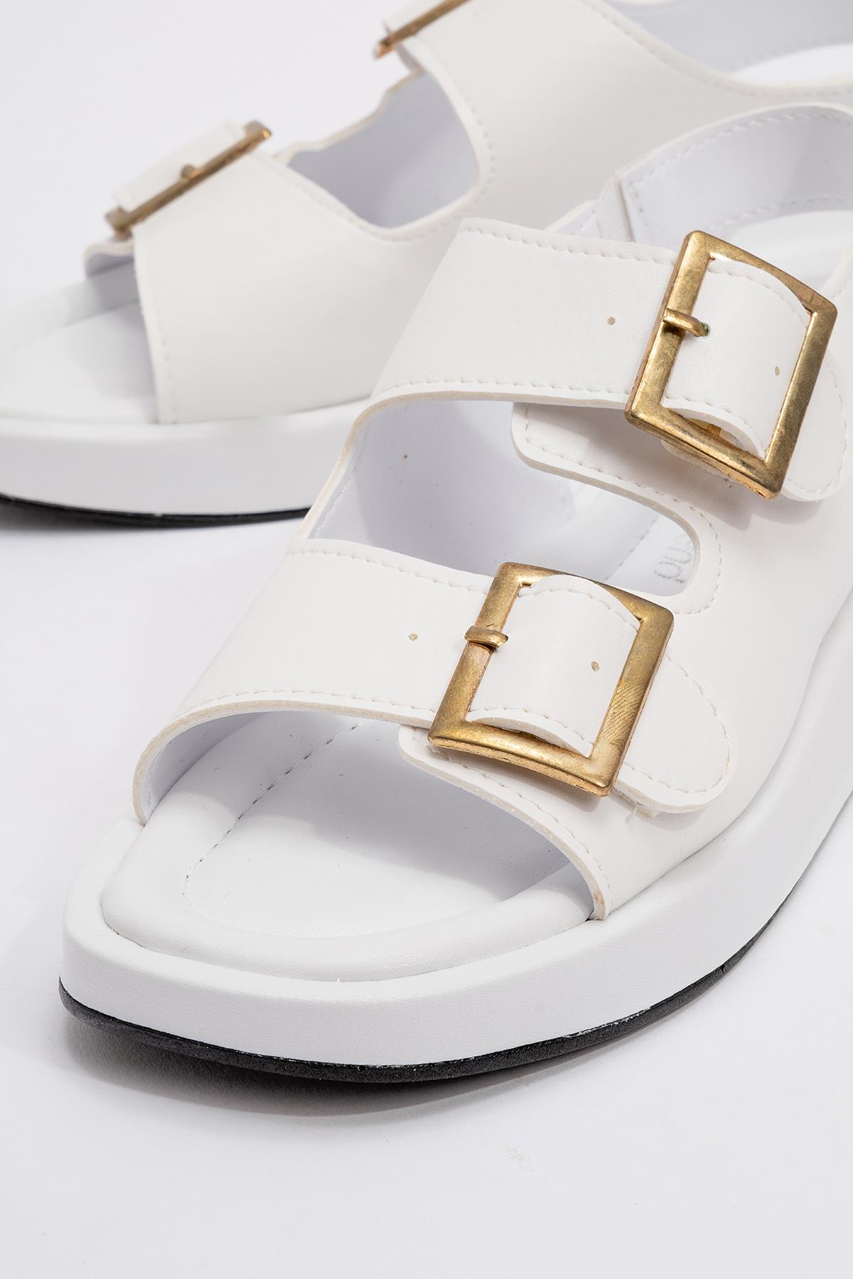 Kadın Çift Tokalı Lastikli Sandalet BEYAZ - Görsel 4