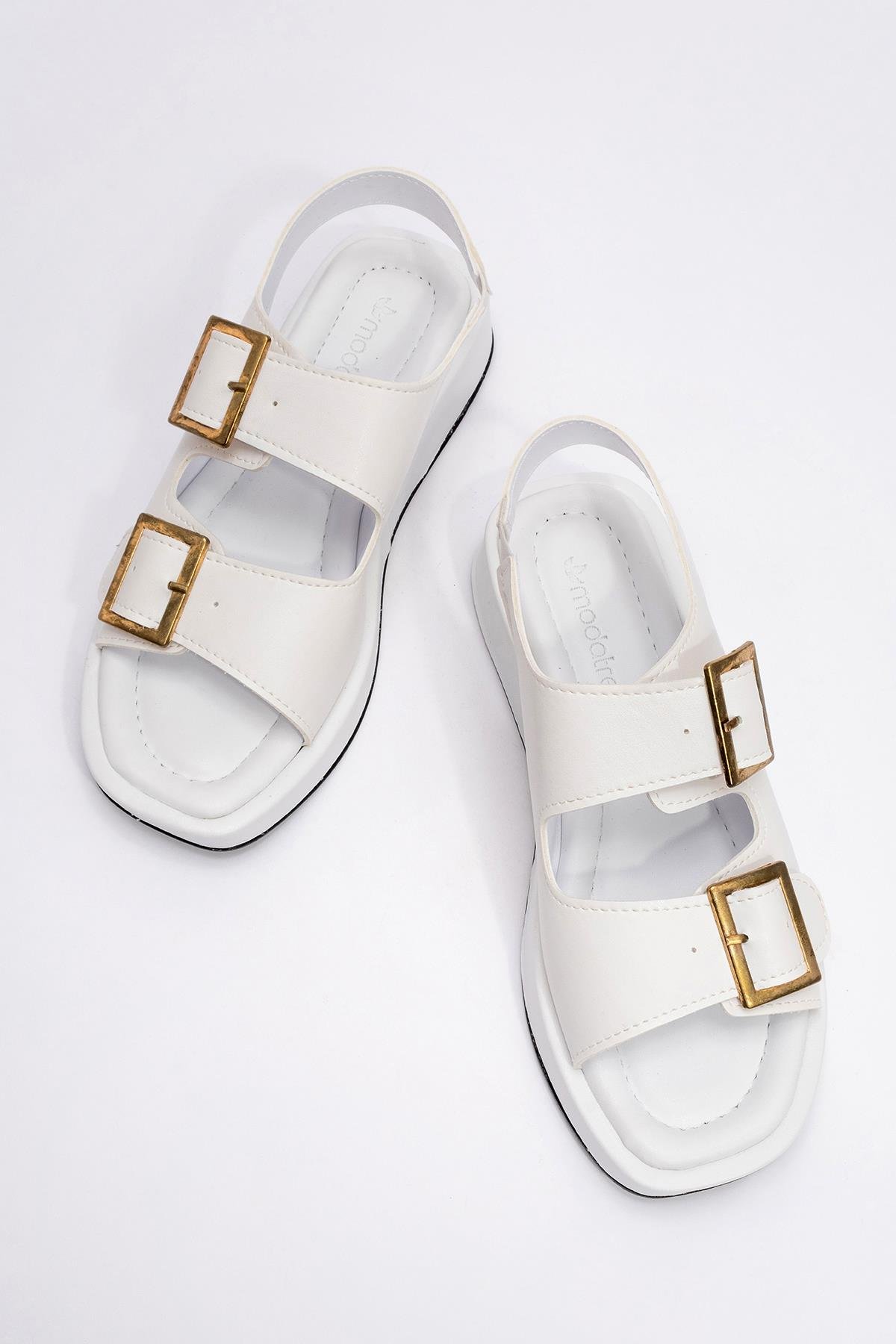Kadın Çift Tokalı Lastikli Sandalet BEYAZ - Görsel 6