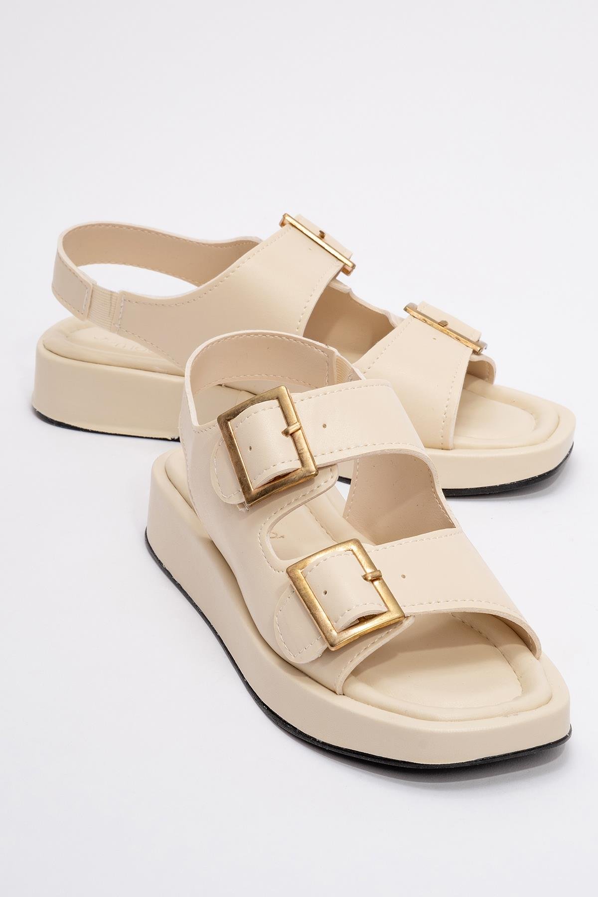 Kadın Çift Tokalı Lastikli Sandalet BEJ - Görsel 2