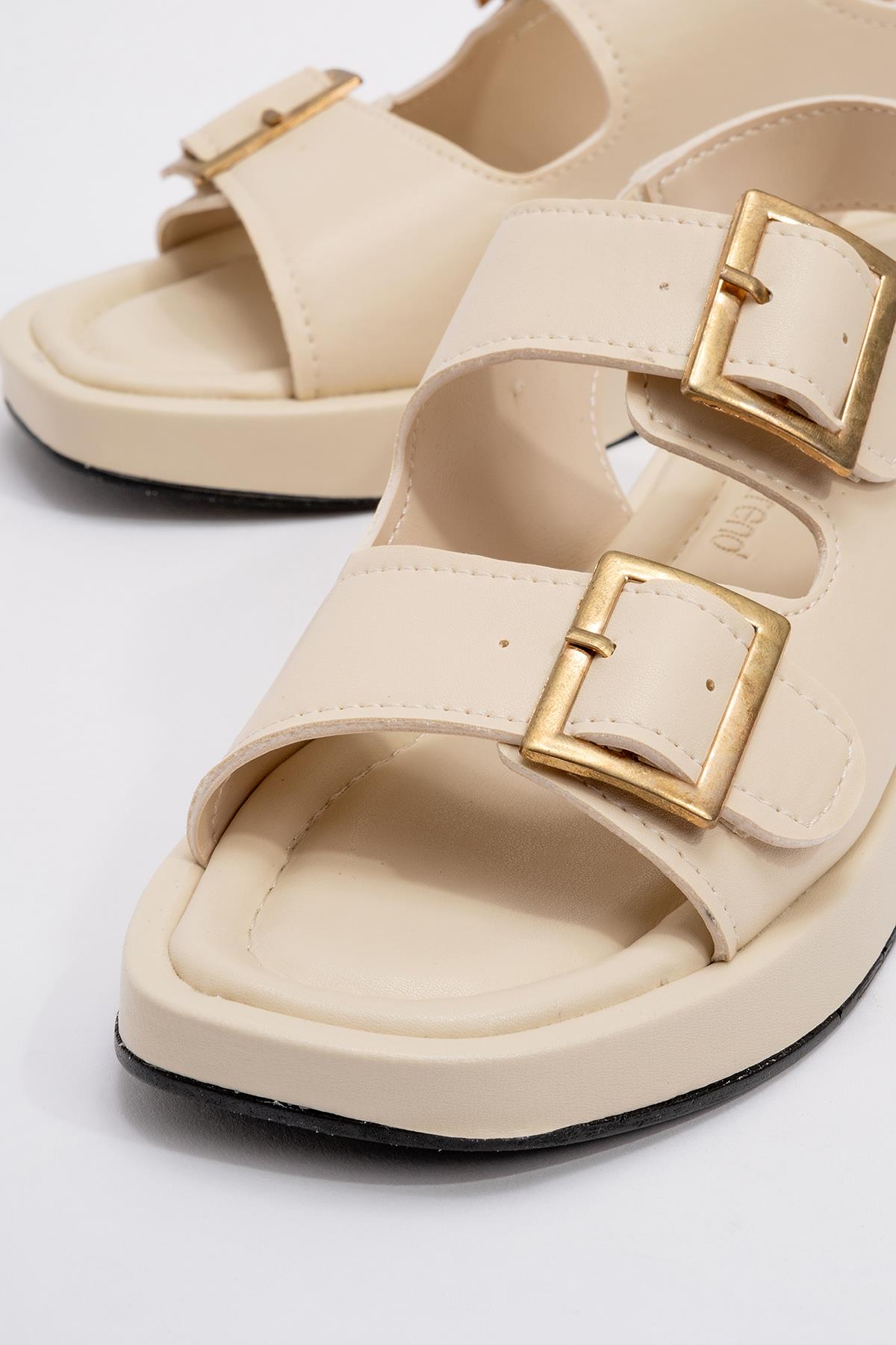 Kadın Çift Tokalı Lastikli Sandalet BEJ - Görsel 4