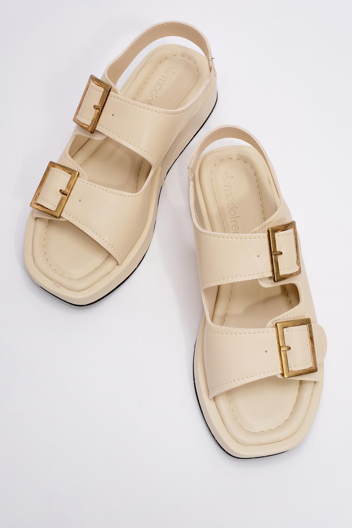 Kadın Çift Tokalı Lastikli Sandalet BEJ - Görsel 6