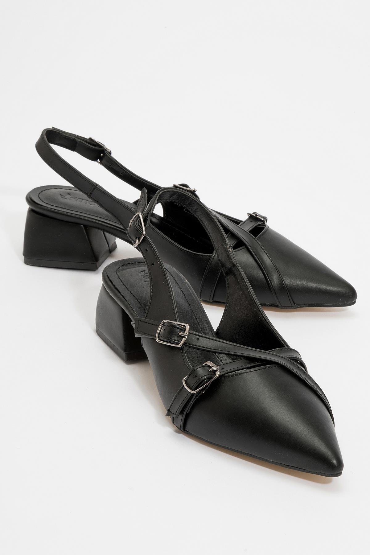 Kadın Arkası Açık Tokalı Topuklu Sandalet SİYAH CİLT - Görsel 3