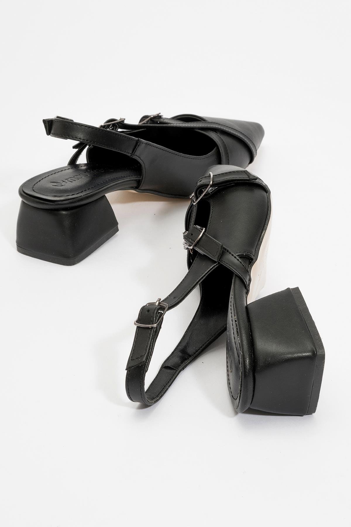 Kadın Arkası Açık Tokalı Topuklu Sandalet SİYAH CİLT - Görsel 5