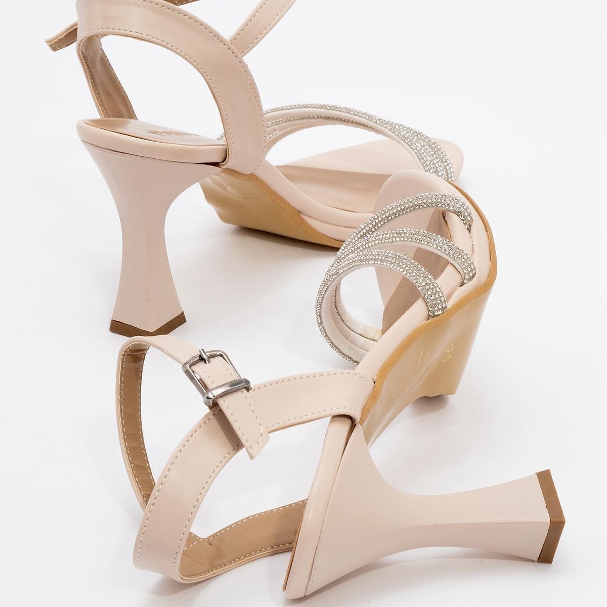 Kadın Biyeli Taşlı Topuklu Sandalet TEN CİLT - Görsel 7