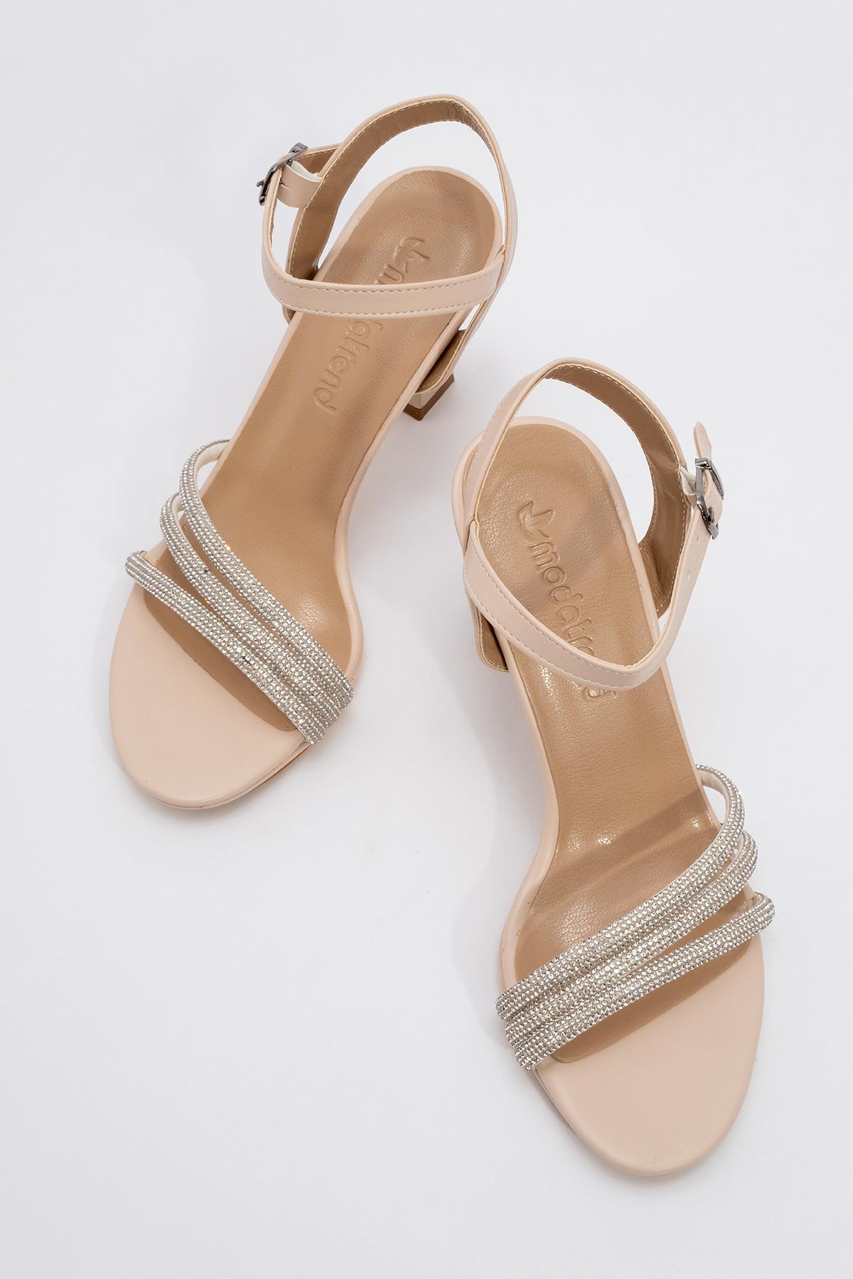 Kadın Biyeli Taşlı Topuklu Sandalet TEN CİLT - Görsel 6