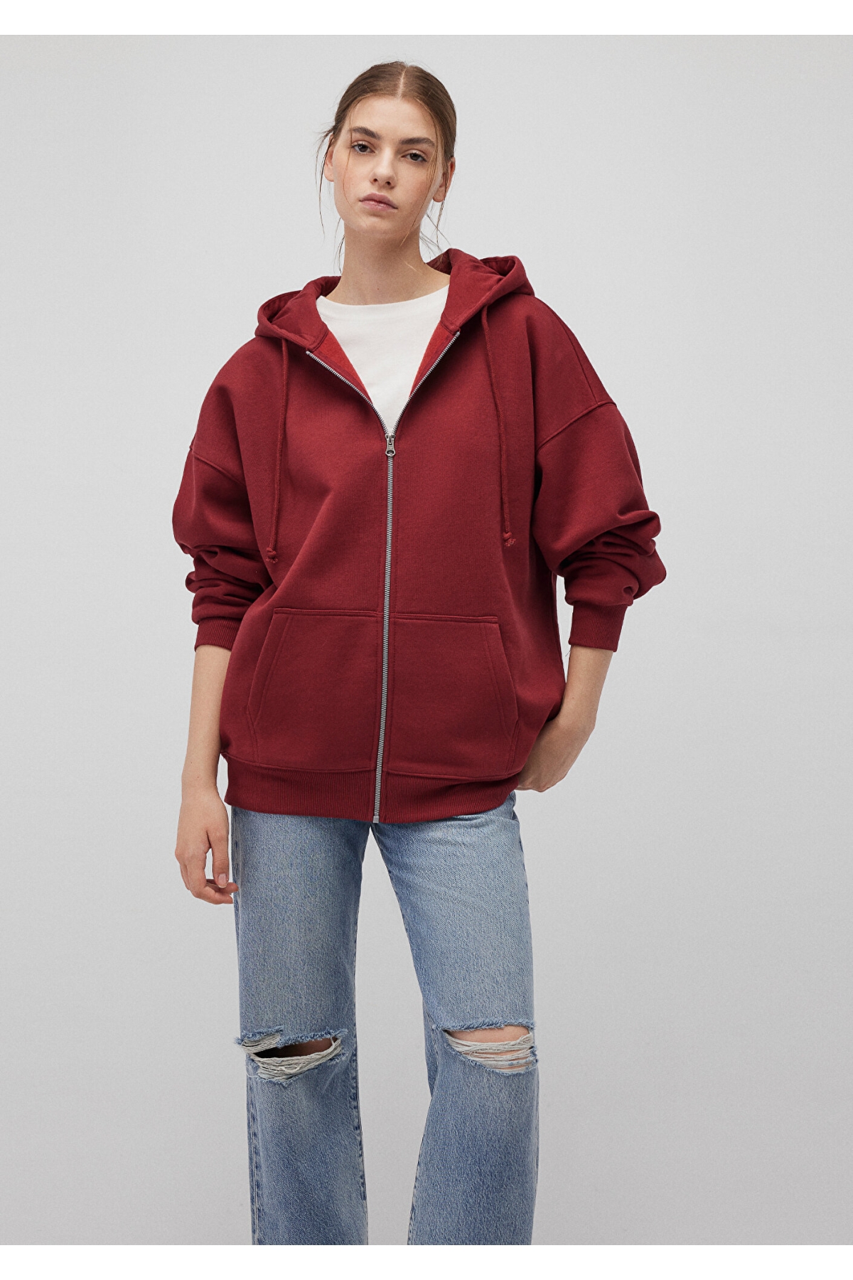 Kapüşonlu Fermuarlı Bordo Sweatshirt