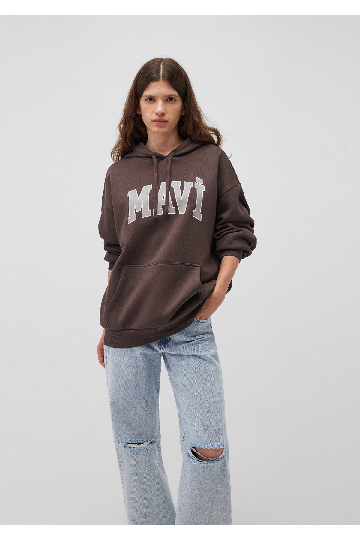 Logo Baskılı Kapüşonlu Kahverengi Sweatshirt