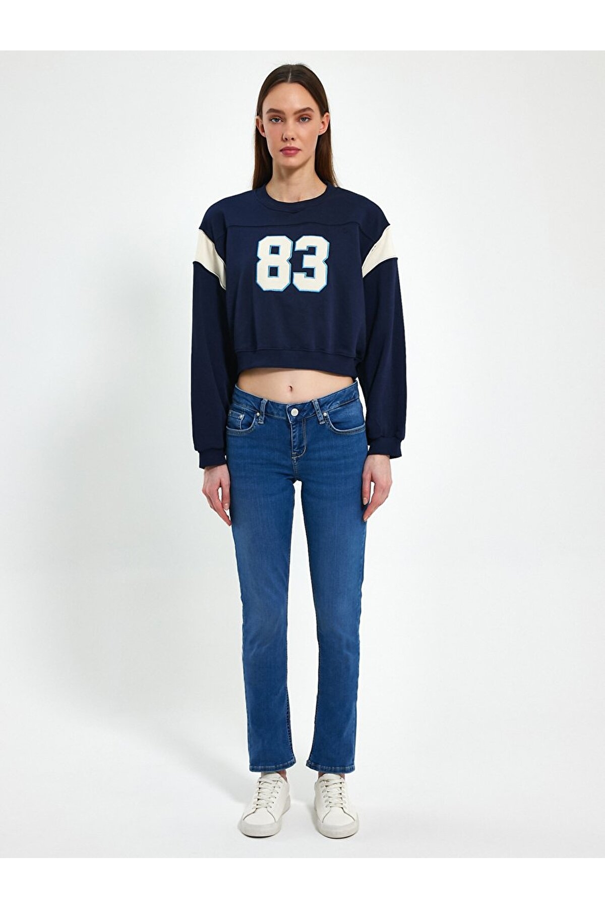 Yamalı Crop Lacivert Sweatshırt