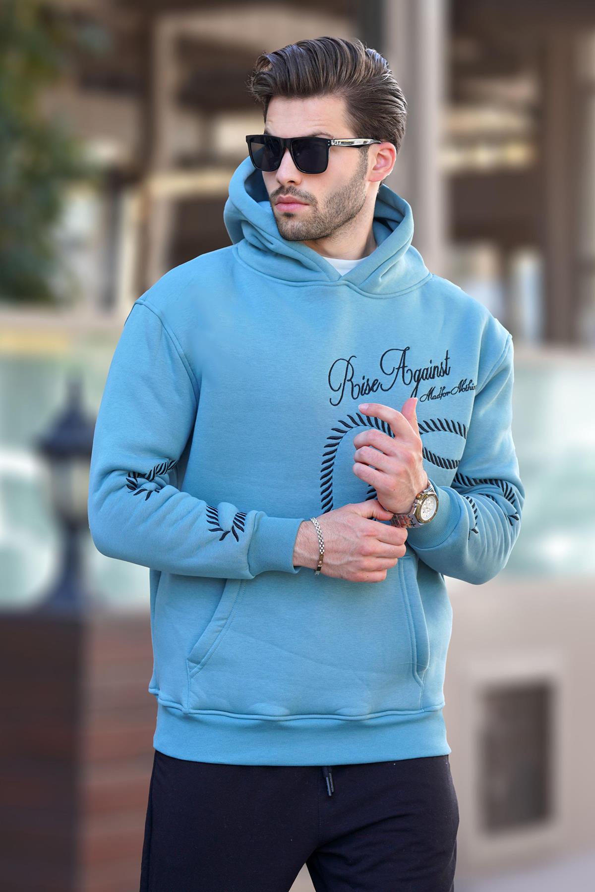Mavi Baskılı Kapşonlu Cep Detaylı Erkek Sweatshirt 7067 Fiyatları