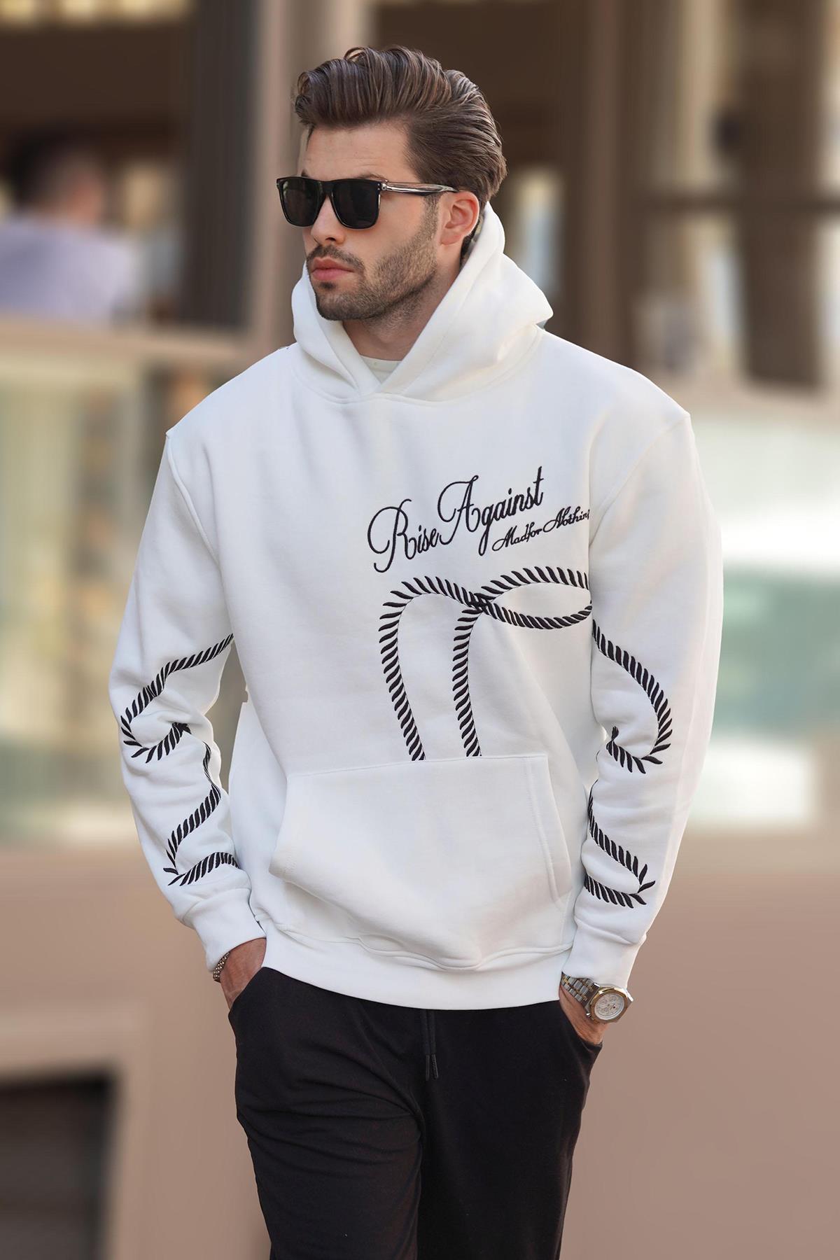 Ekru Baskılı Kapşonlu Cep Detaylı Erkek Sweatshirt 7067 Fiyatları