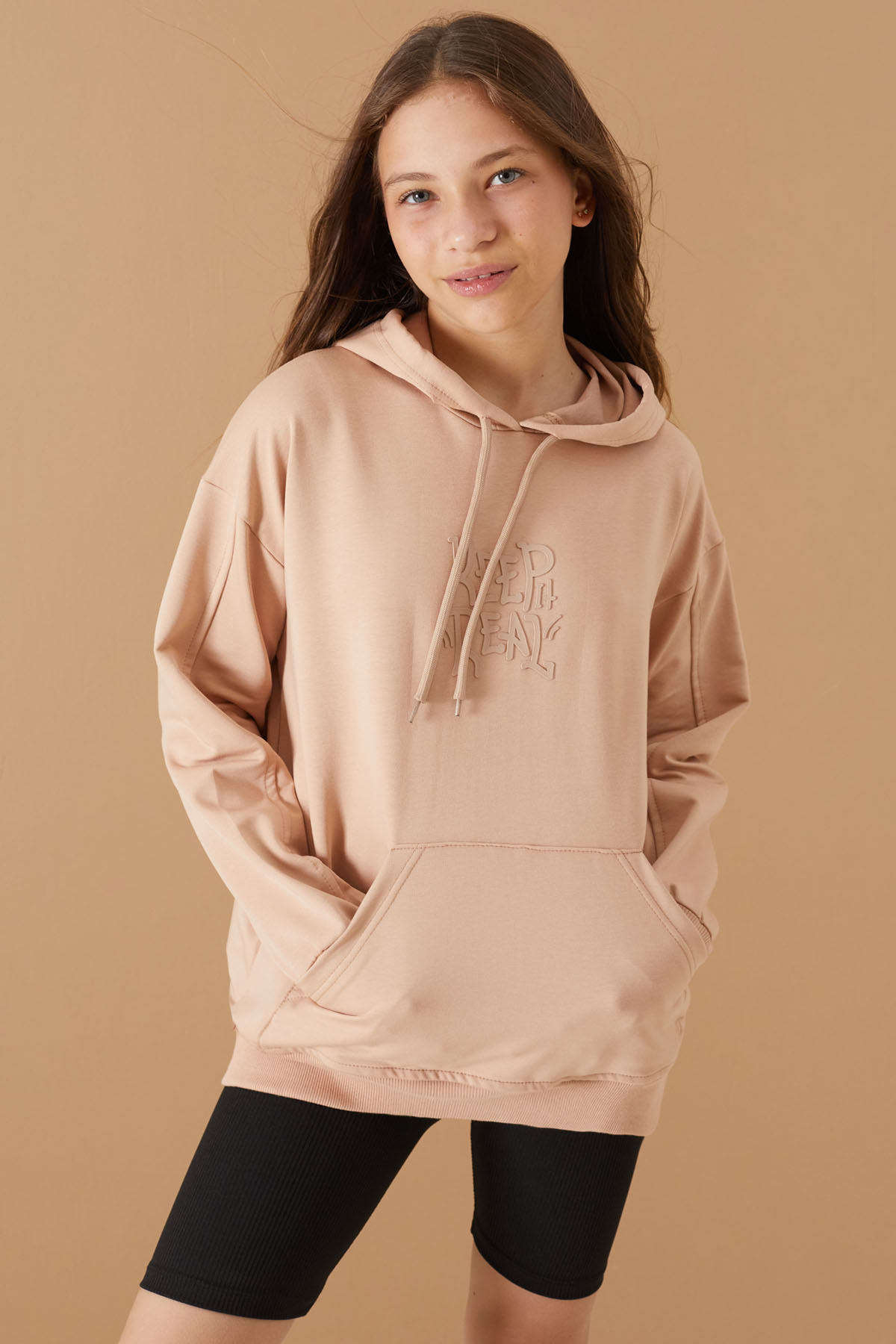 Bej Keep Read Baskılı Kız Çocuk Kapüşonlu Sweatshirt 19356