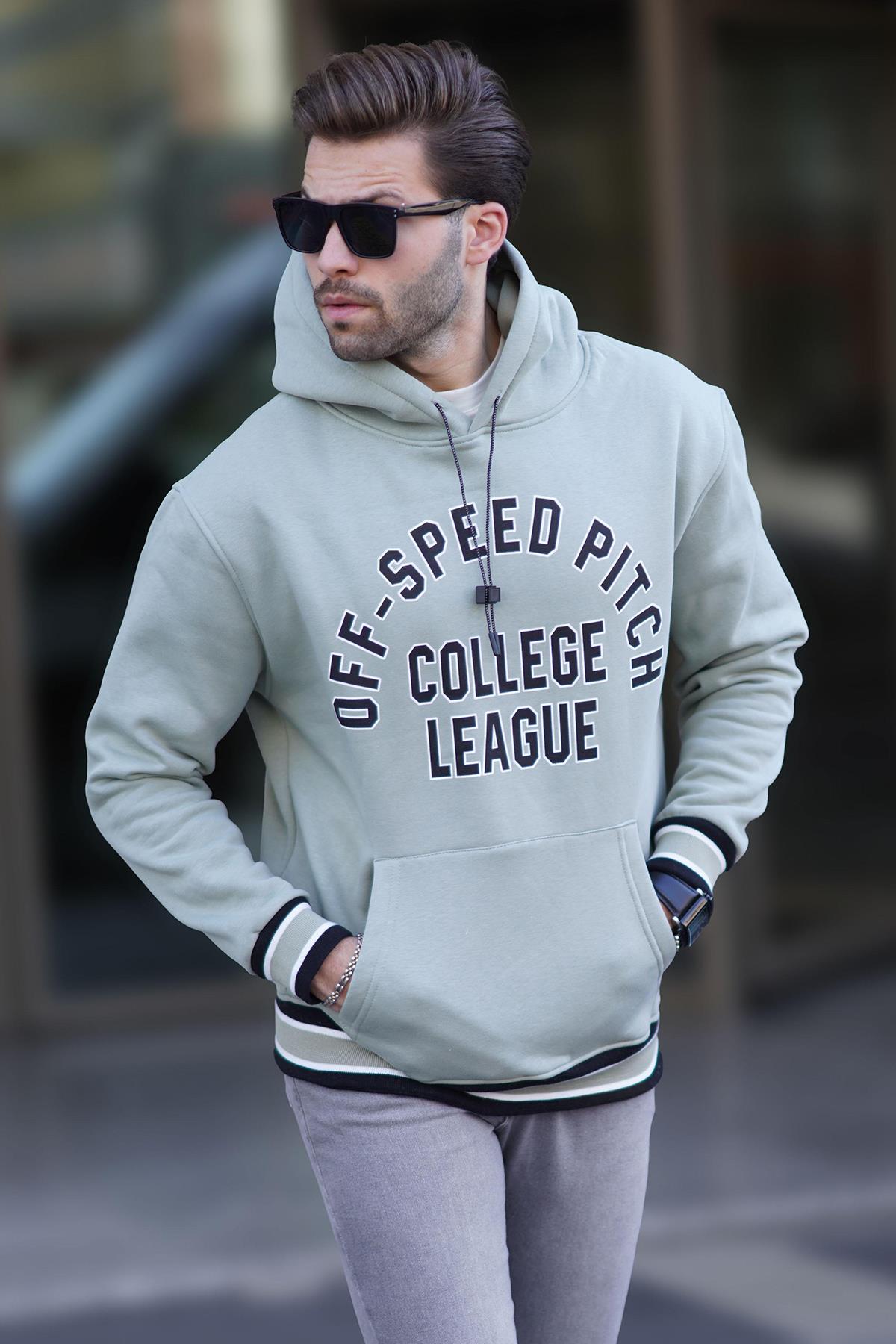 Çağla Yeşil Kapüşonlu Cep Detaylı Baskılı Erkek Sweatshirt 7068