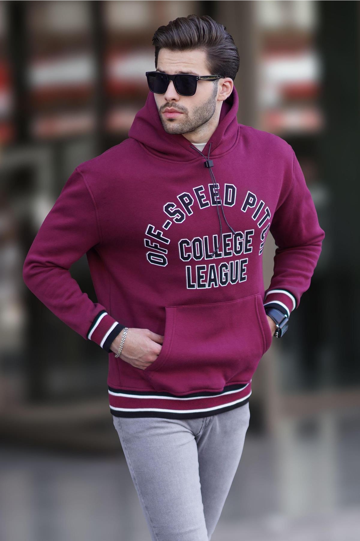 Bordo Kapüşonlu Cep Detaylı Baskılı Erkek Sweatshirt 7068