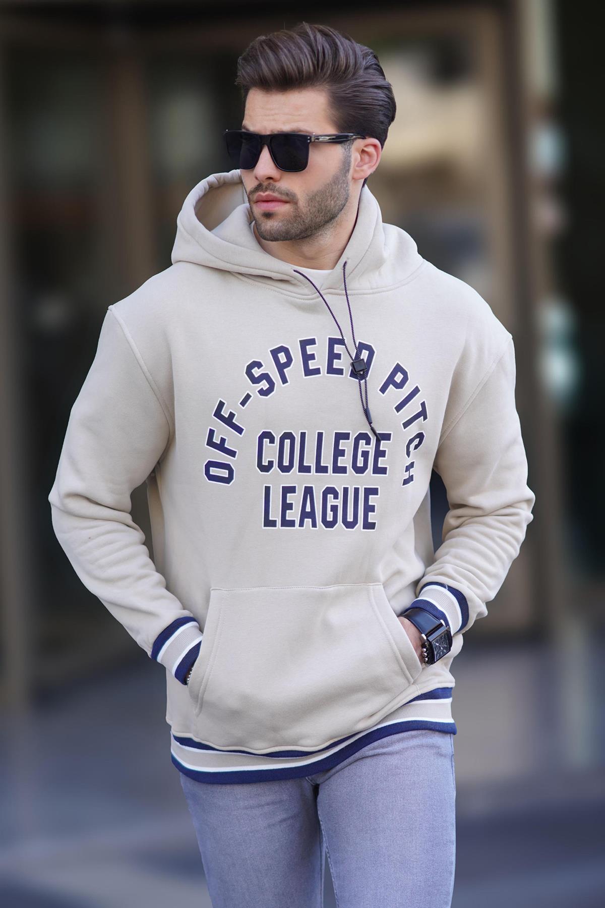 Bej Kapüşonlu Cep Detaylı Baskılı Erkek Sweatshirt 7068