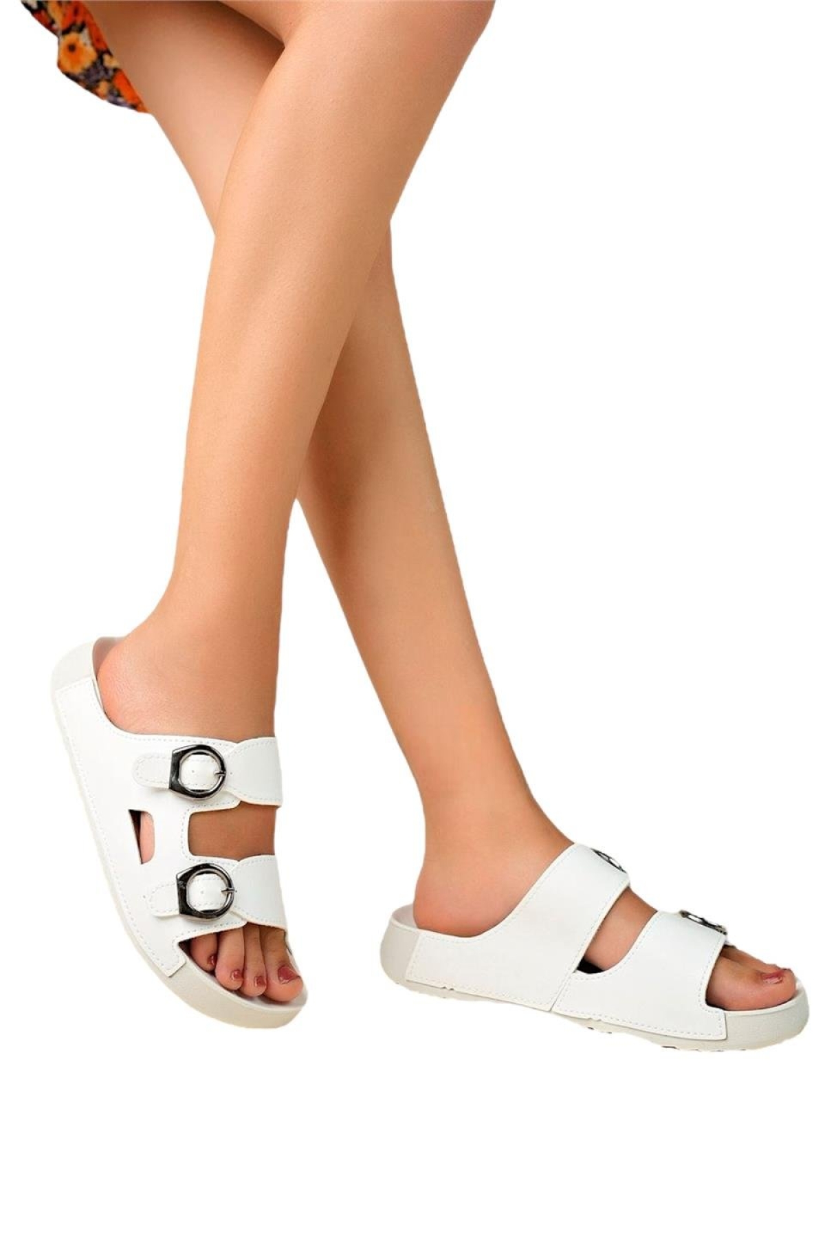 Çift Bantlı Tokalı Anatomik Taban Rahat Kadın Terlik BEYAZ - Görsel 2