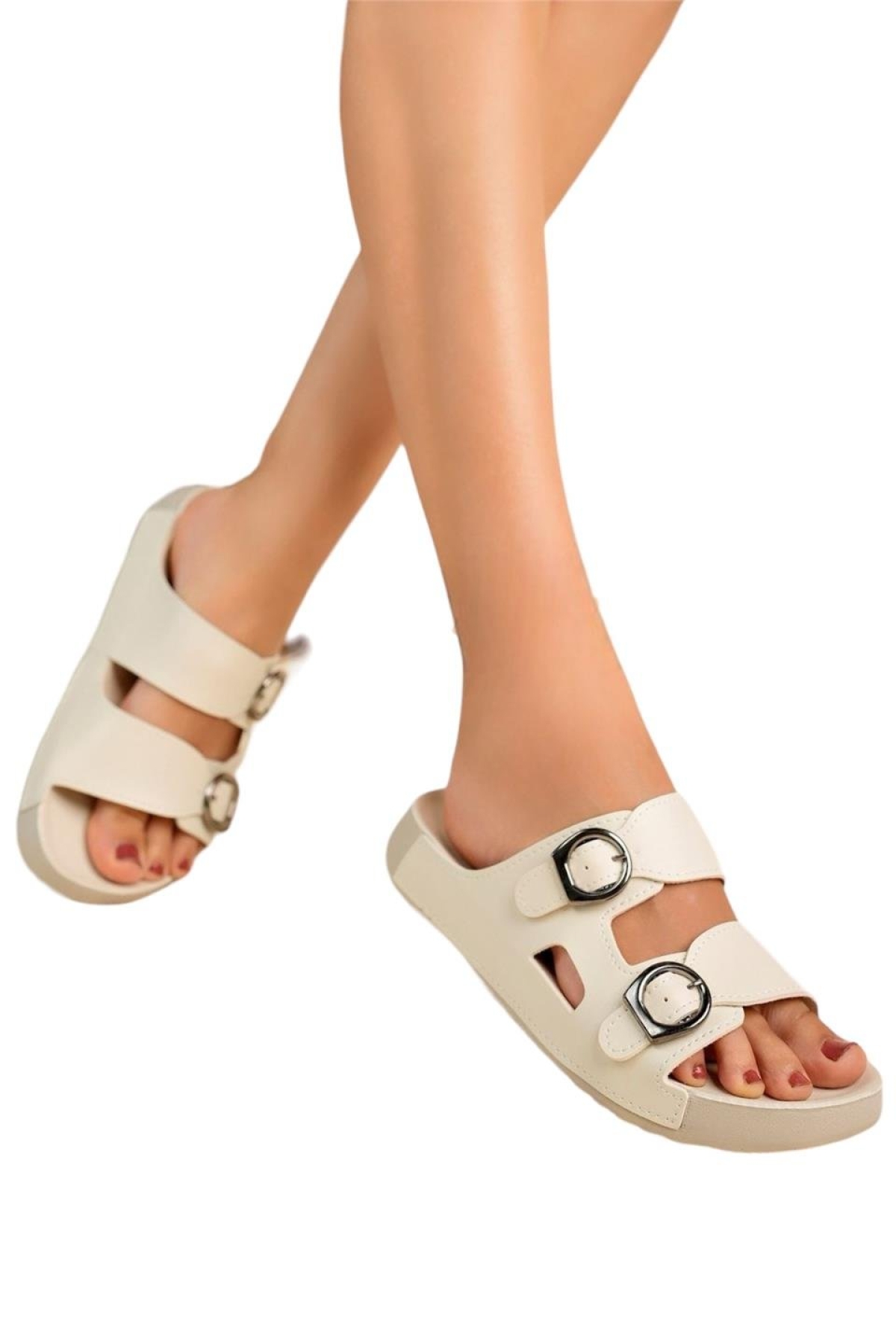 Çift Bantlı Tokalı Anatomik Taban Rahat Kadın Terlik BEJ - Görsel 3