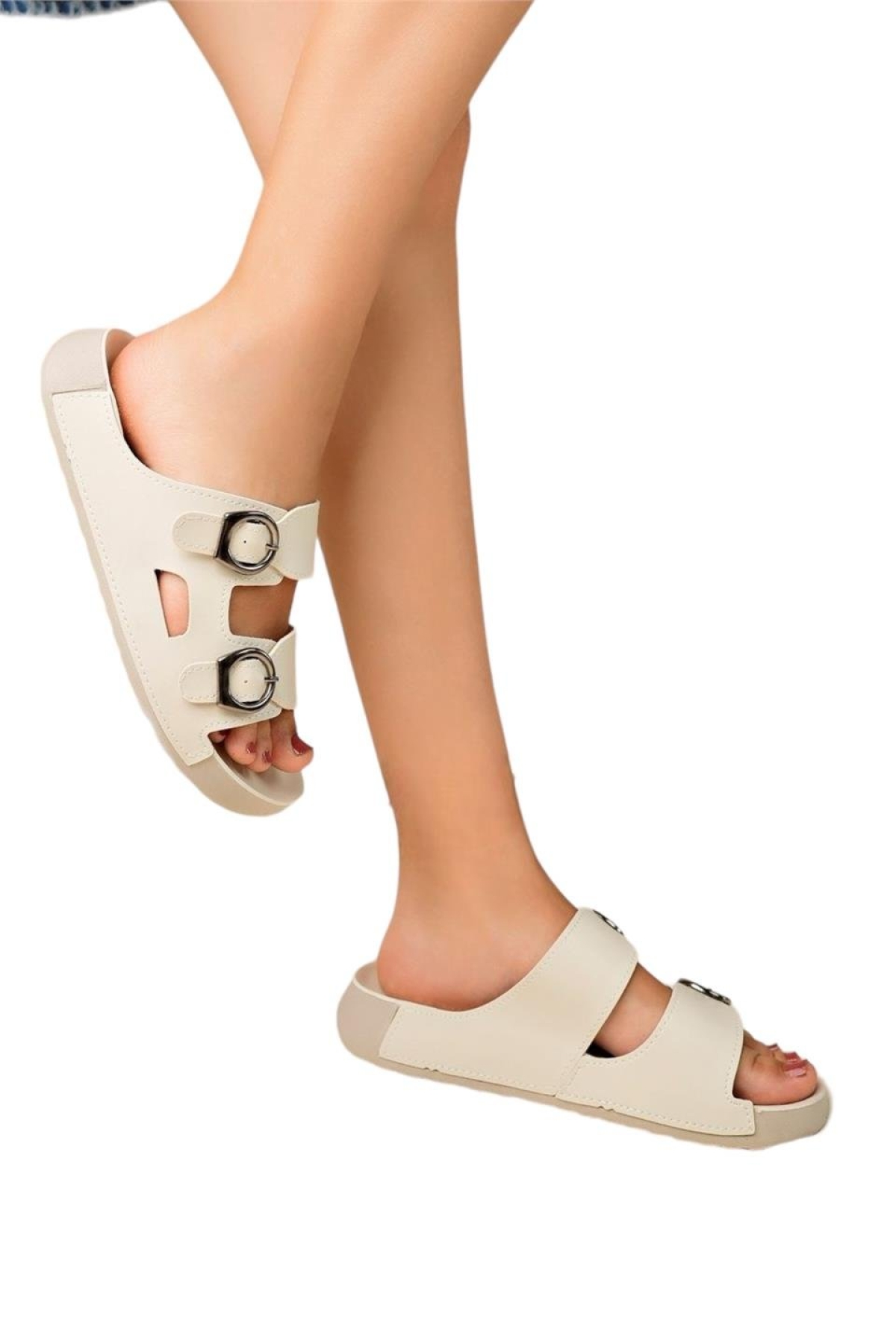 Çift Bantlı Tokalı Anatomik Taban Rahat Kadın Terlik BEJ - Görsel 4