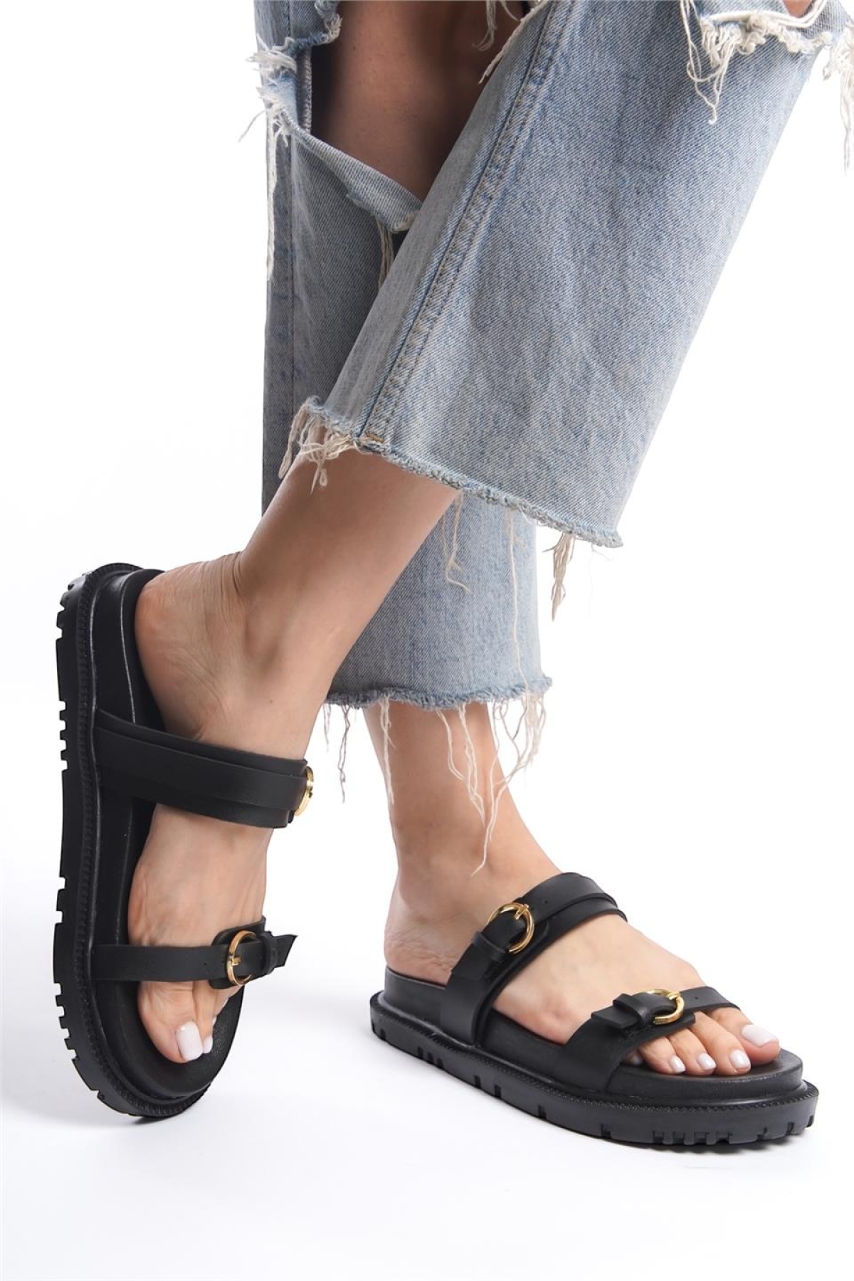 Çift Bantlı Tokalı Kadın Terlik SİYAH - Görsel 3