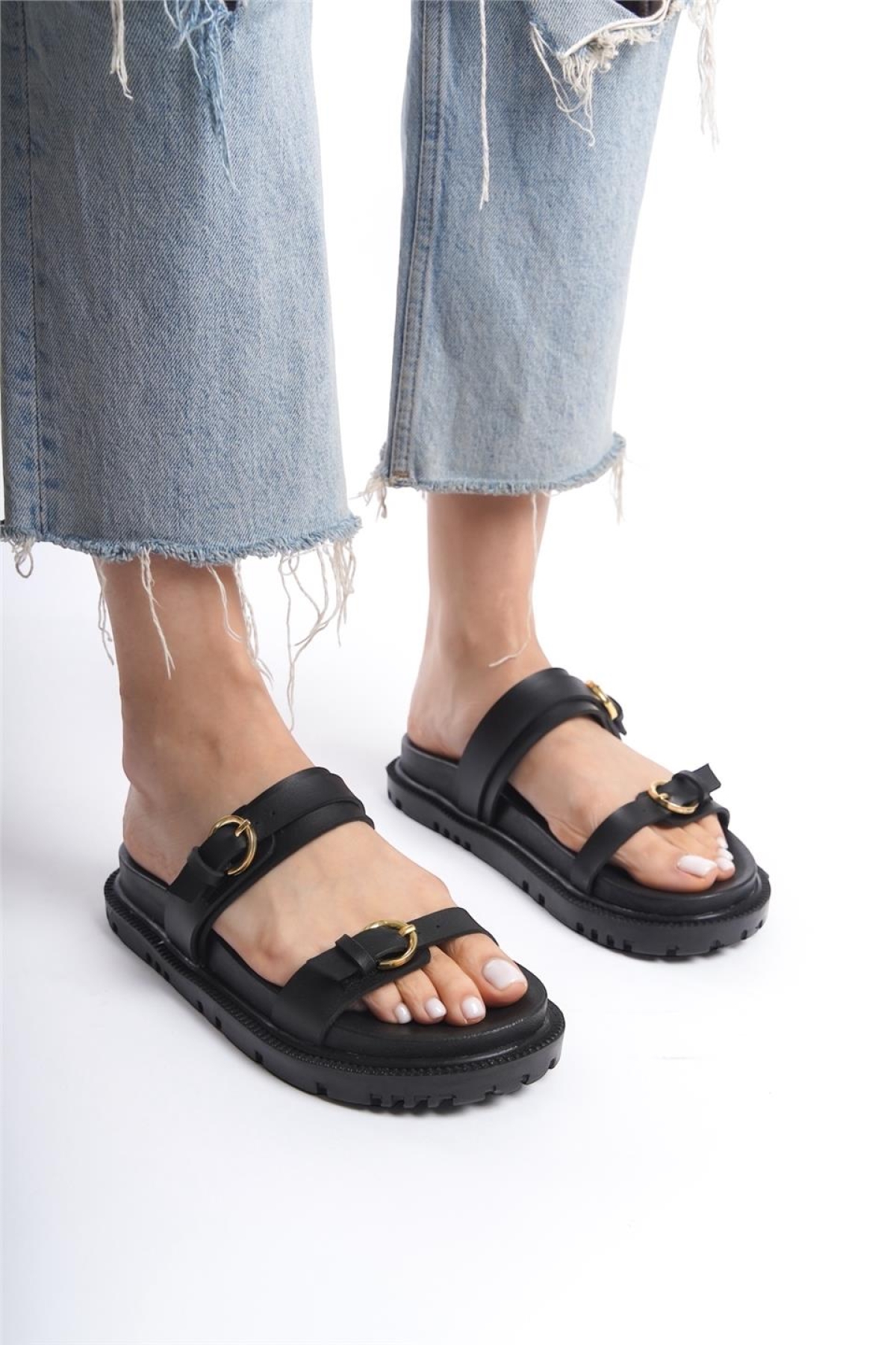 Çift Bantlı Tokalı Kadın Terlik SİYAH - Görsel 4