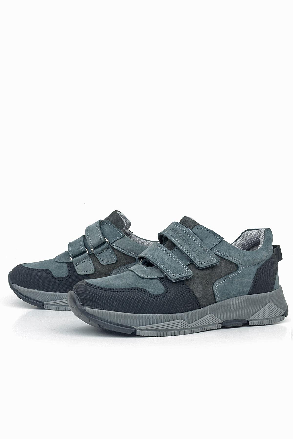 Hakiki Deri Koyu Gri Siyah Çocuk Cırtlı Sneakers Spor Ayakkabı - Görsel 5