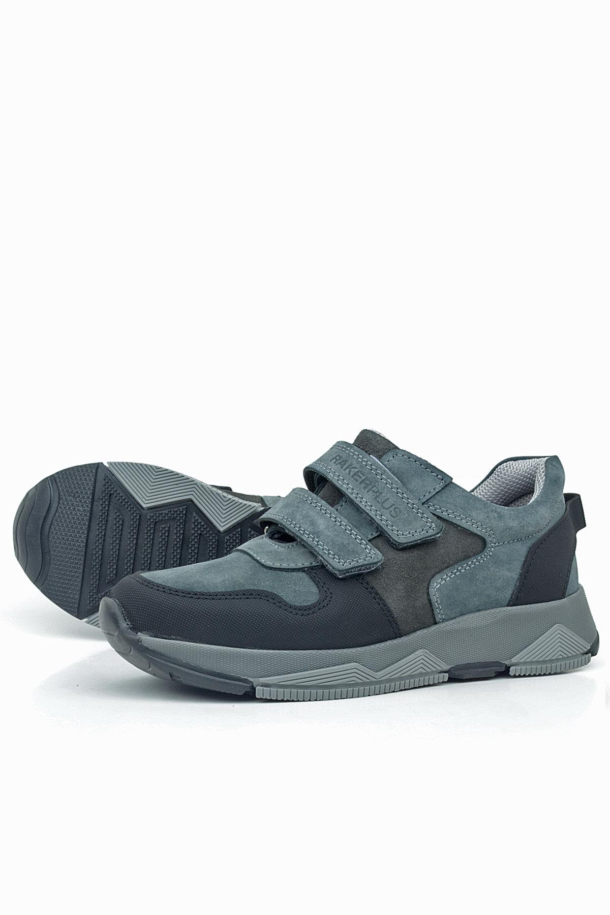 Hakiki Deri Koyu Gri Siyah Çocuk Cırtlı Sneakers Spor Ayakkabı - Görsel 6