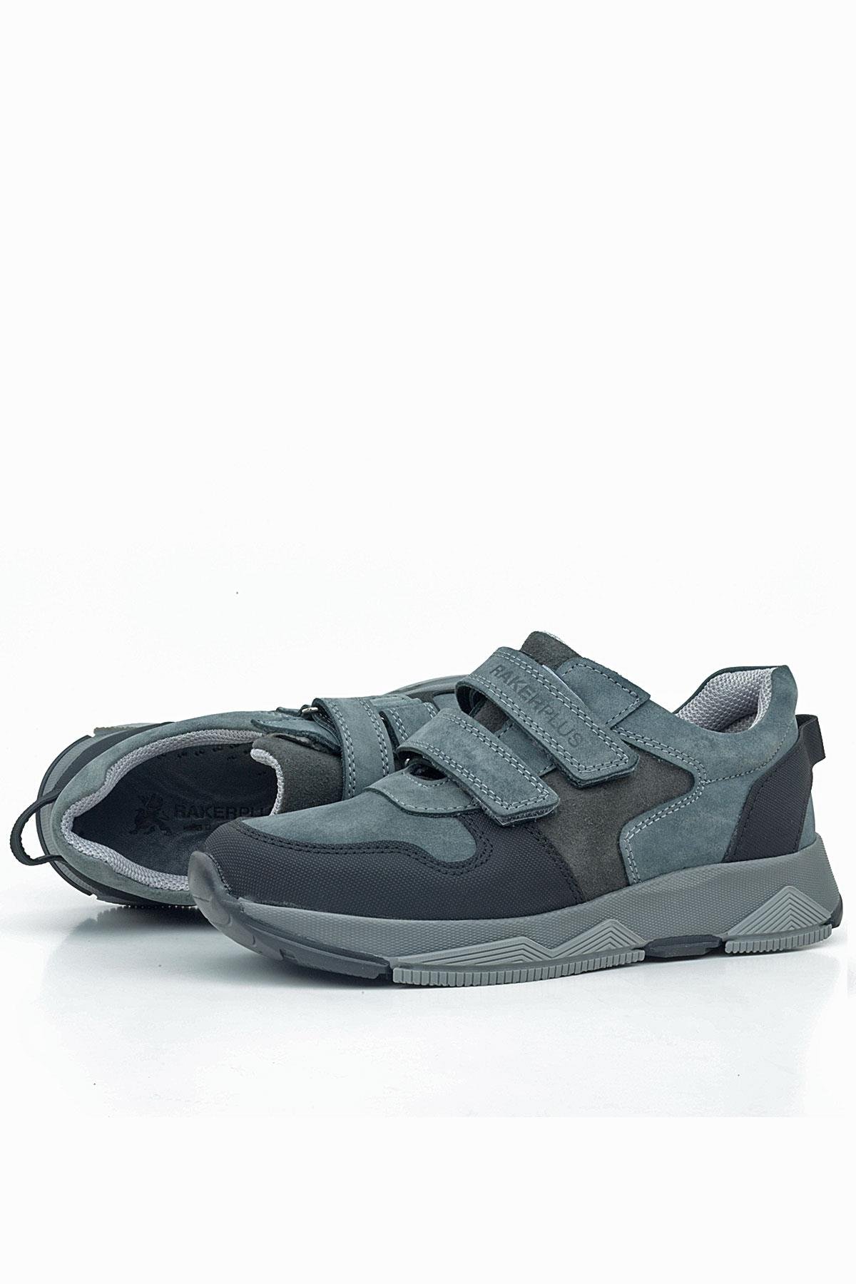 Hakiki Deri Koyu Gri Siyah Çocuk Cırtlı Sneakers Spor Ayakkabı - Görsel 7