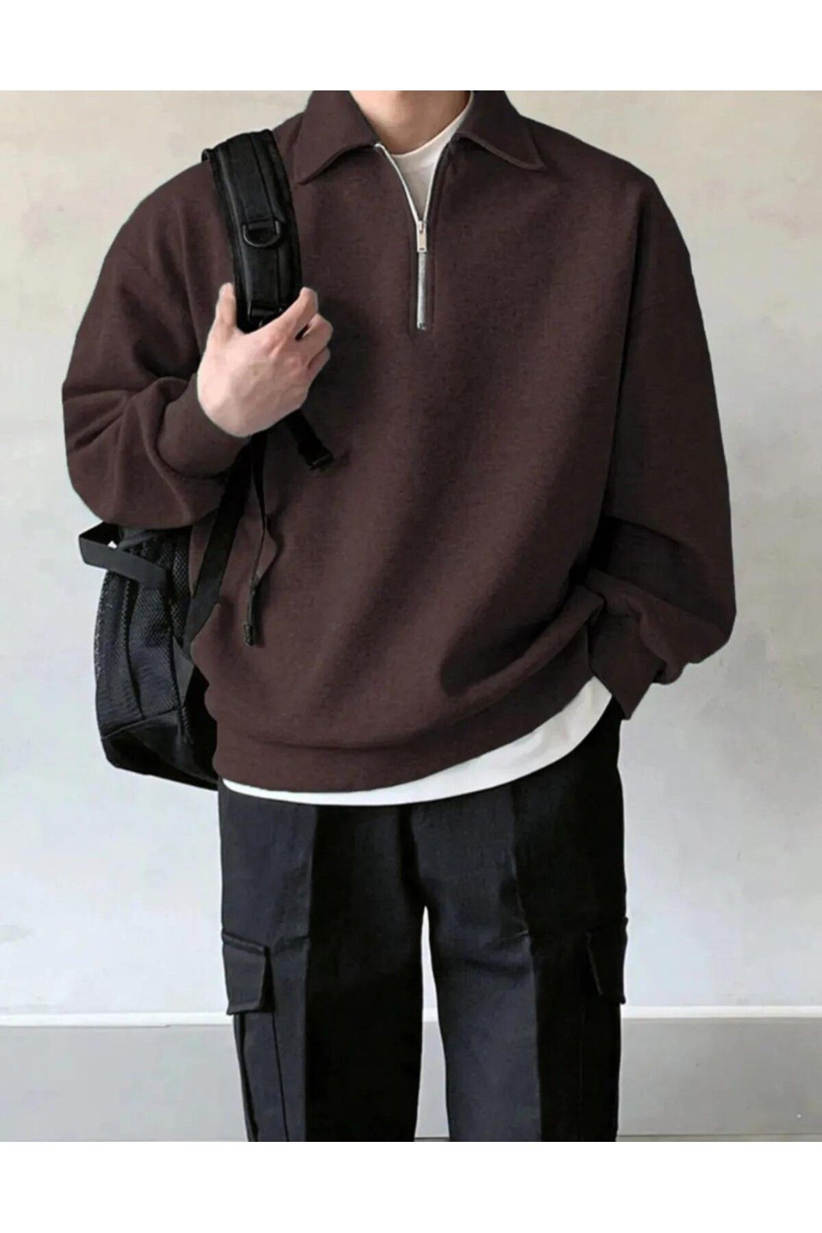 STORE Erkek Polo Yaka Oversize Sweatshirt Yarım Fermuar Sweatshirt