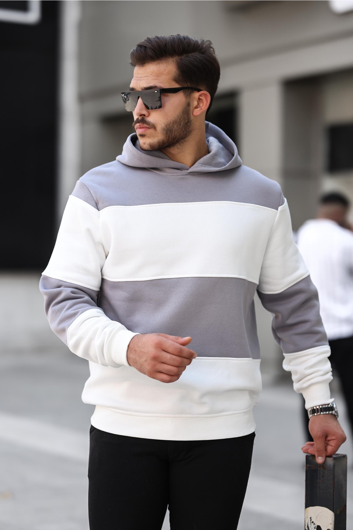 Açık Gri Beyaz Blok Parçalı Overisize Kapşonlu Üç İplik Sweatshirt- 2316