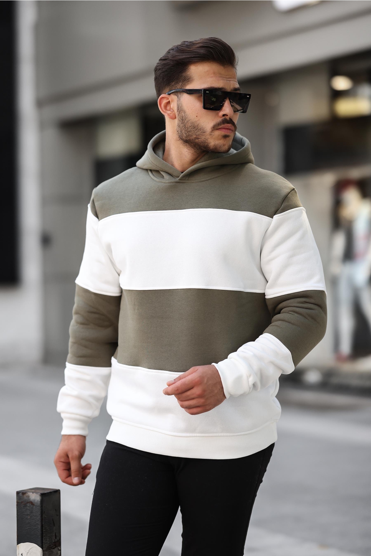 Haki Beyaz Blok Parçalı Overisize Kapşonlu Üç İplik SweatshirT- 2316