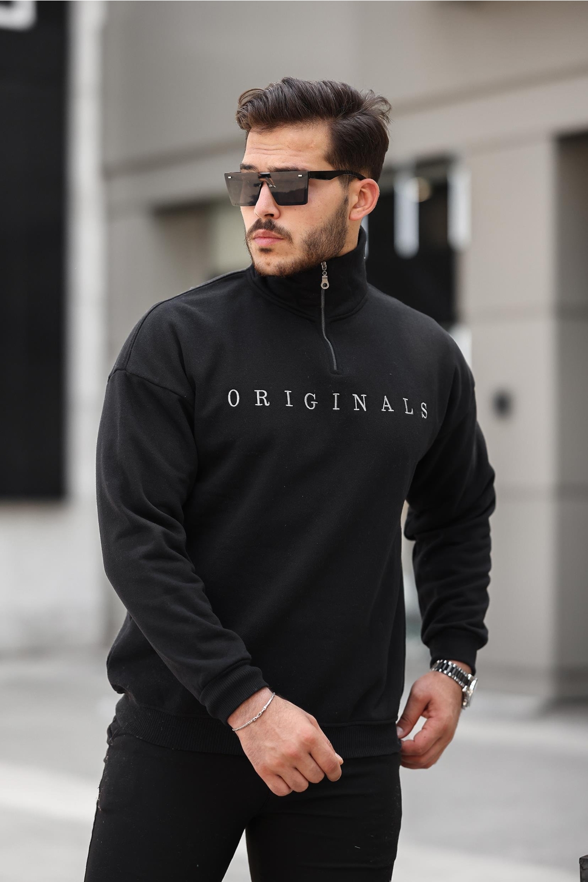 Originals Nakış Detaylı Fermuarlı Oversize Sweatshirt-Siyah- 2325