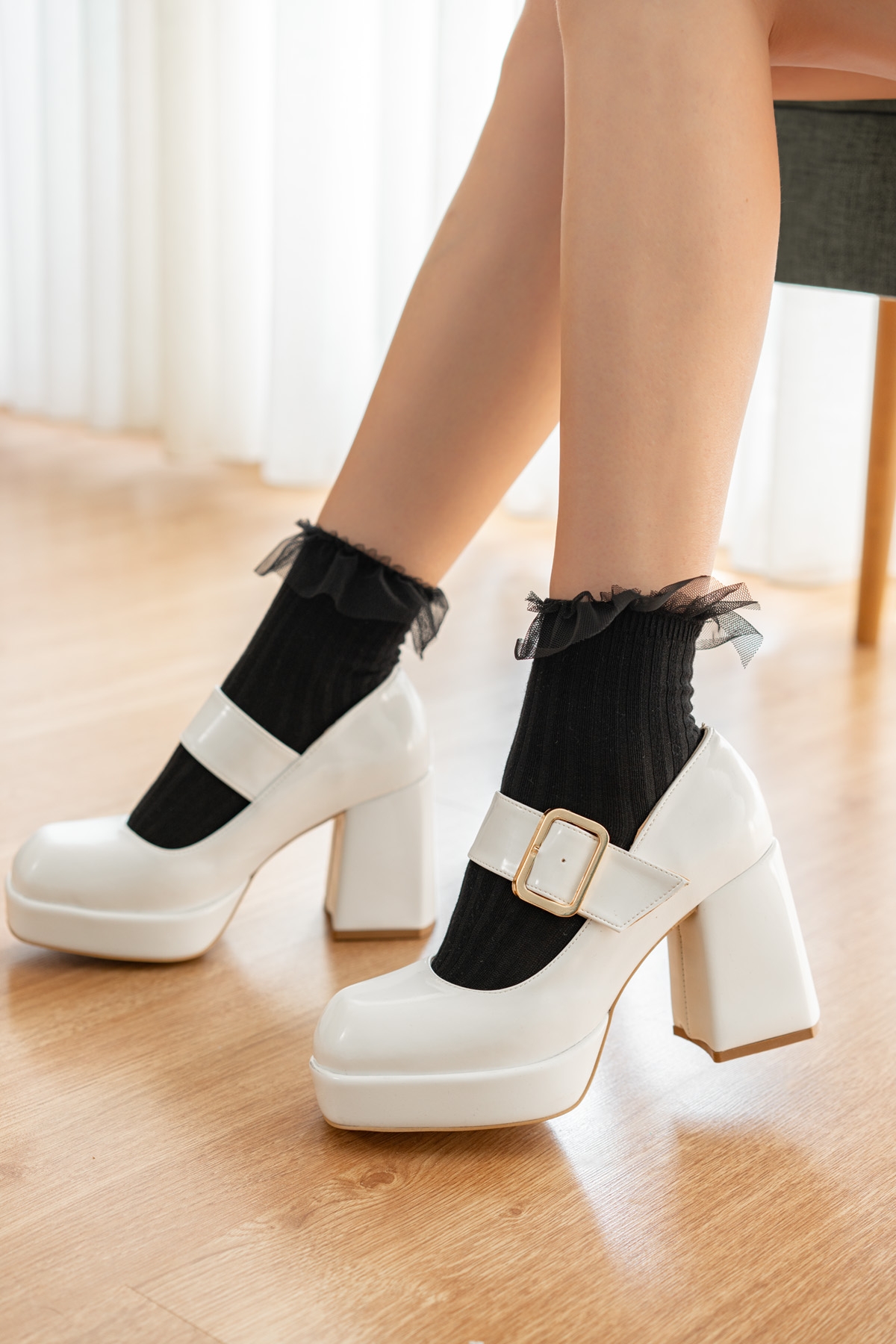 Tasia Beyaz Rugan ( 9 cm Topuklu) Çift Tokalı Platformlu Topuklu Ayakkabı - Görsel 8
