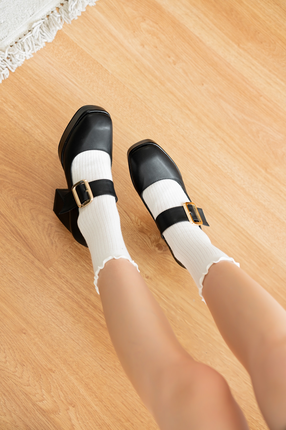 Tasia Siyah Cilt ( 9 cm Topuklu) Çift Tokalı Platformlu Topuklu Ayakkabı - Görsel 2