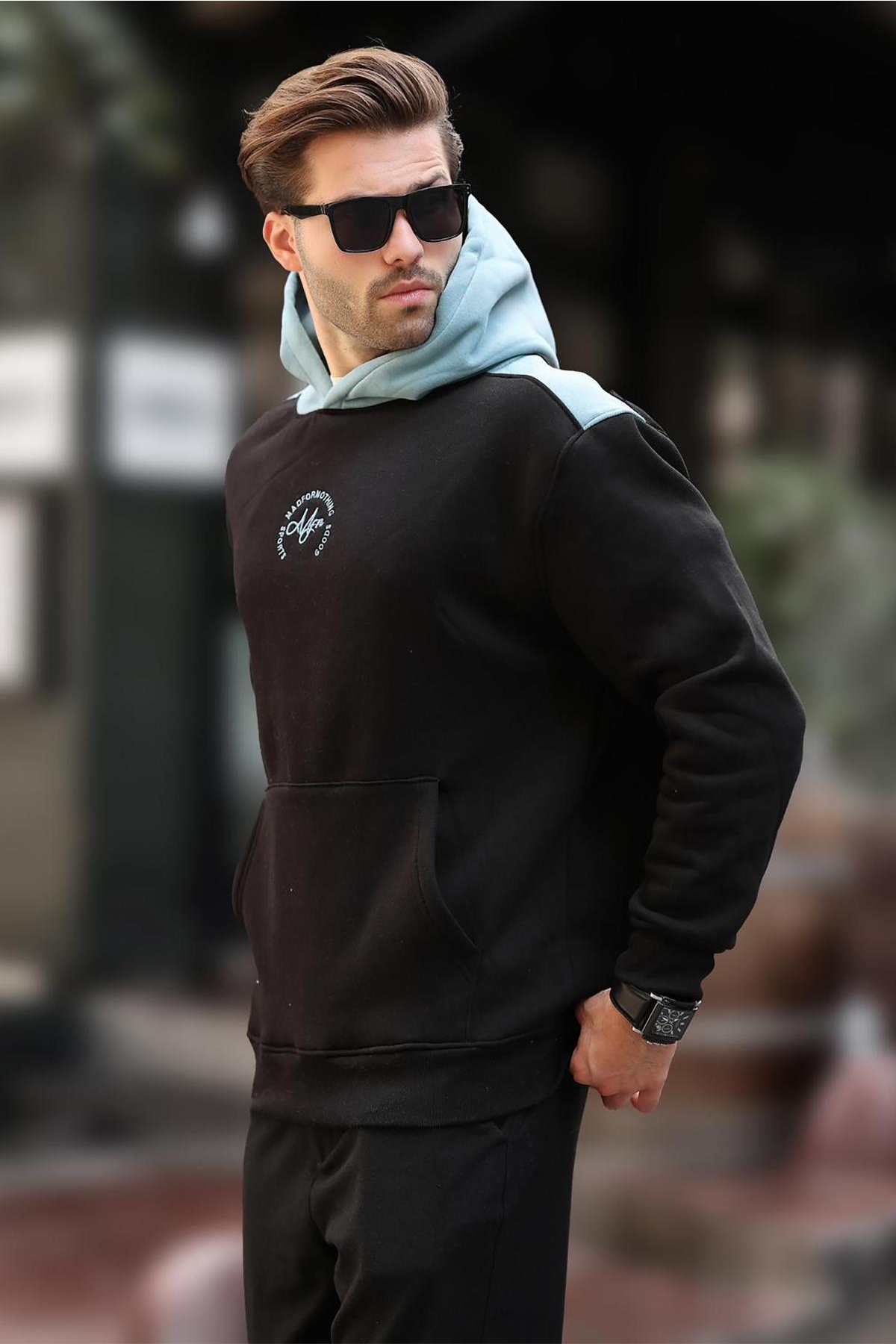 Madmext Siyah Kapüşonlu Renk Bloklu Nakış Detaylı Erkek Sweatshirt 7088