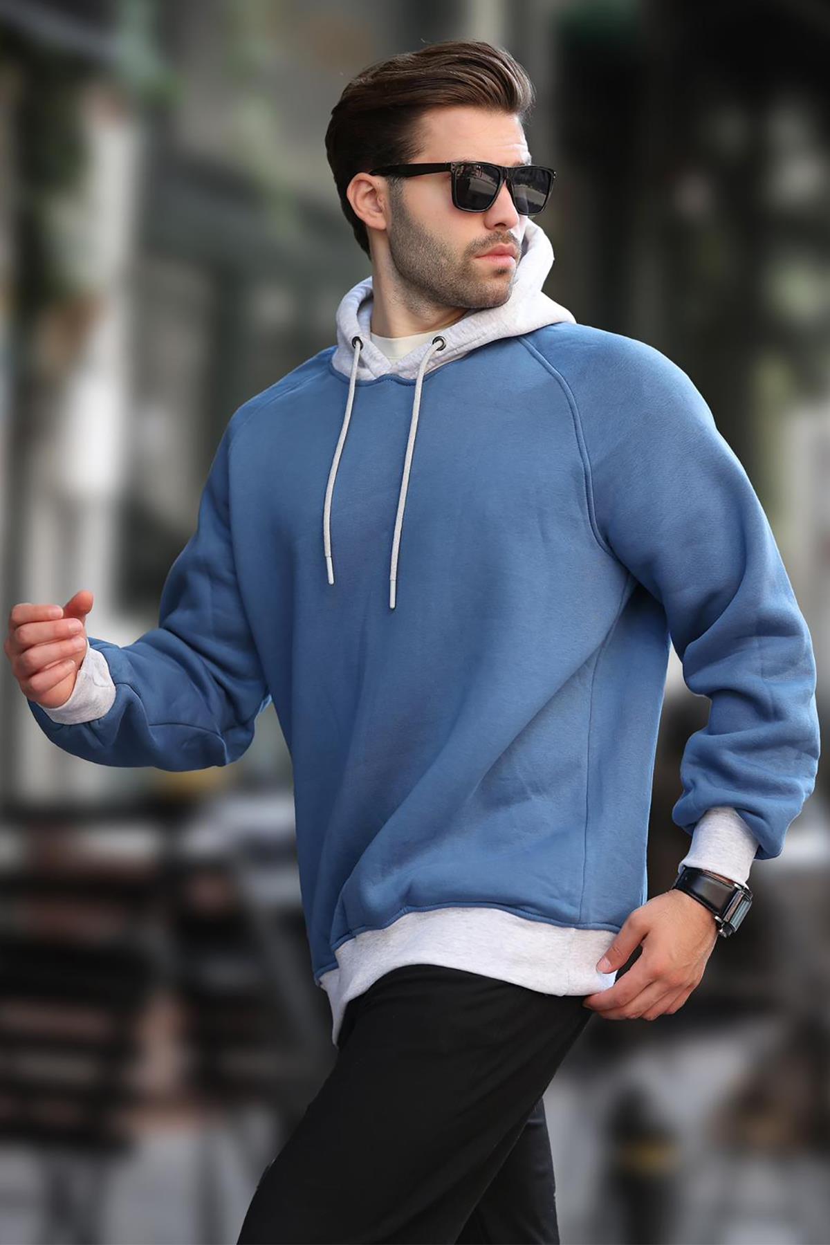 Madmext İndigo Renk Bloklu Kapüşonlu Sweatshirt 7073