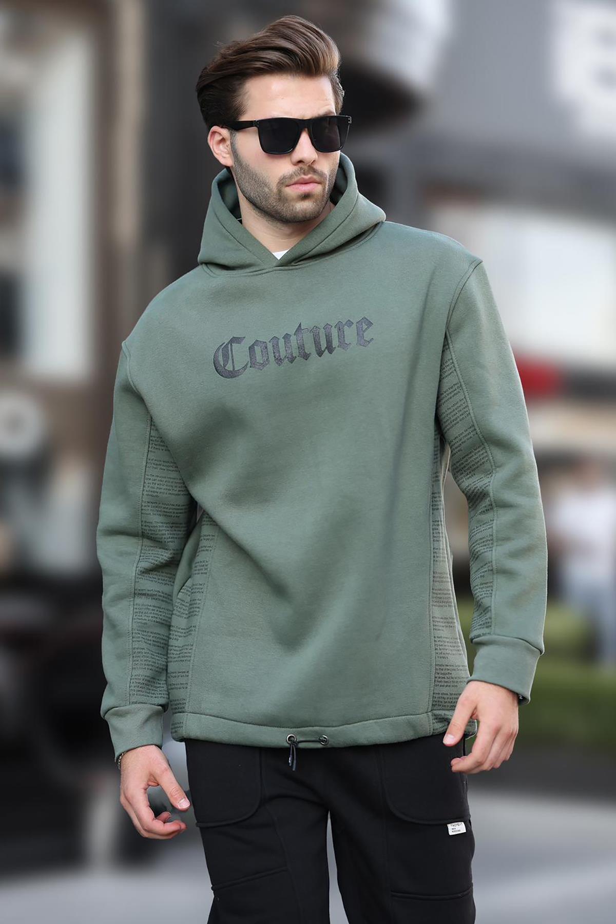 Haki Kapüşonlu Cep Detaylı Baskılı Erkek Sweatshirt 7090