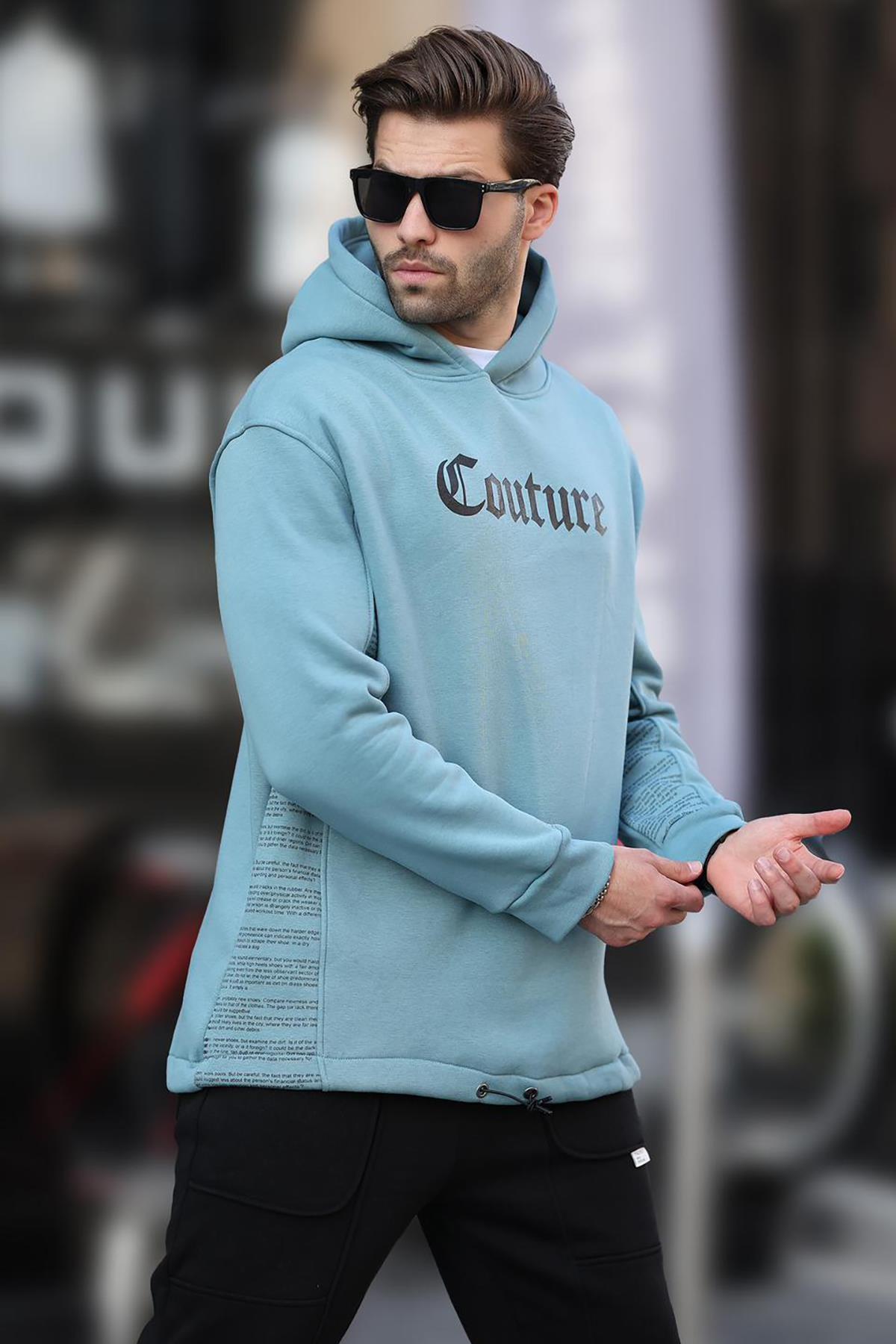 Mavi Kapüşonlu Cep Detaylı Baskılı Erkek Sweatshirt 7090