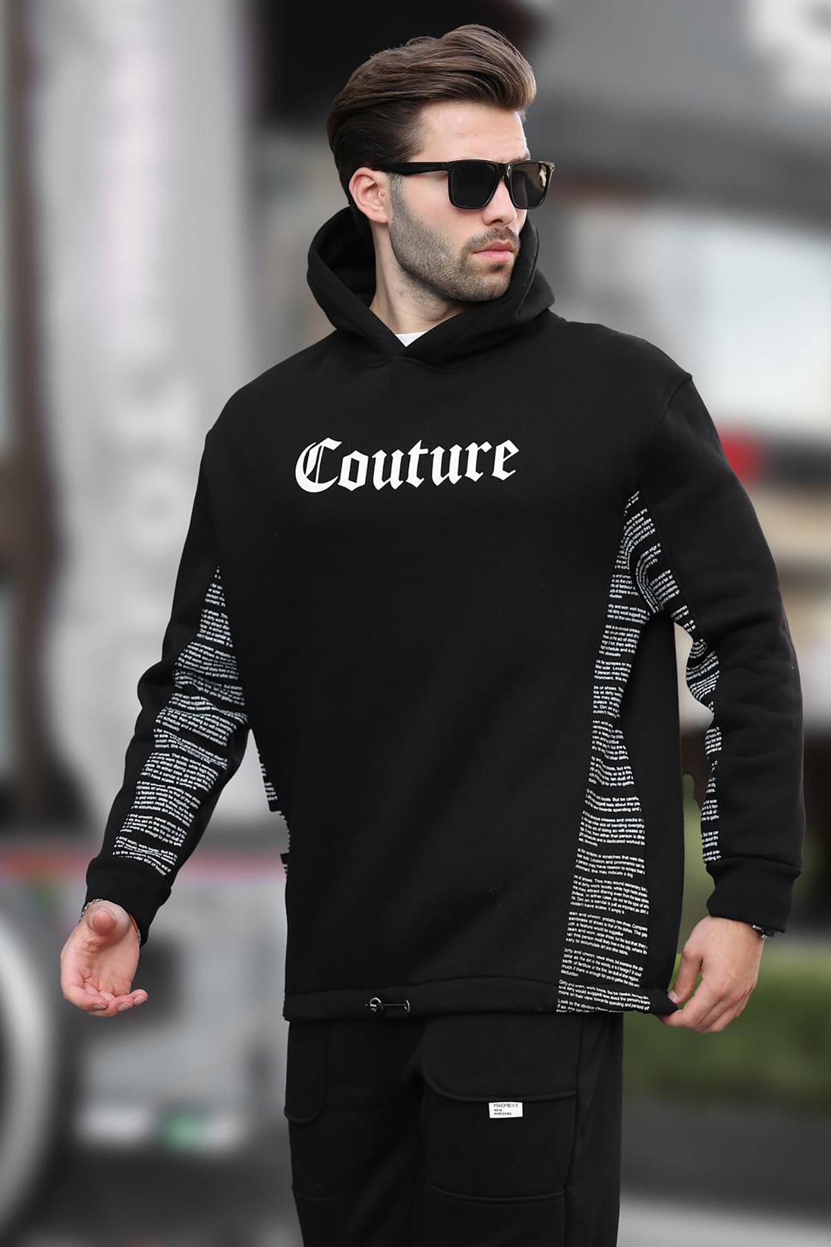 Siyah Kapüşonlu Cep Detaylı Baskılı Erkek Sweatshirt 7090