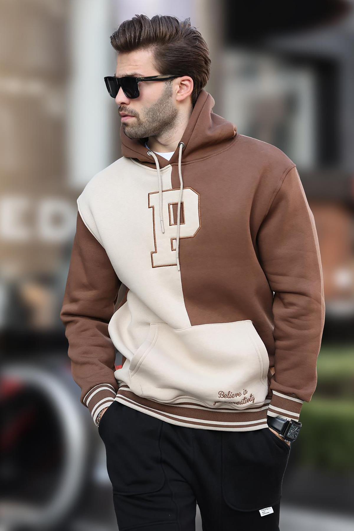 Kahverengi Renk Bloklu Kapüşonlu Baskılı Erkek Sweatshirt 7078