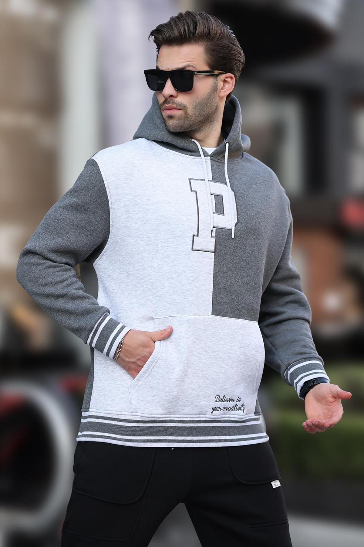 Antrasit Renk Bloklu Kapüşonlu Baskılı Erkek Sweatshirt 7078