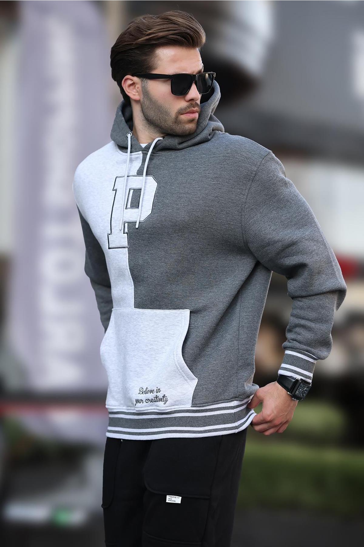 Antrasit Renk Bloklu Kapüşonlu Baskılı Erkek Sweatshirt 7078