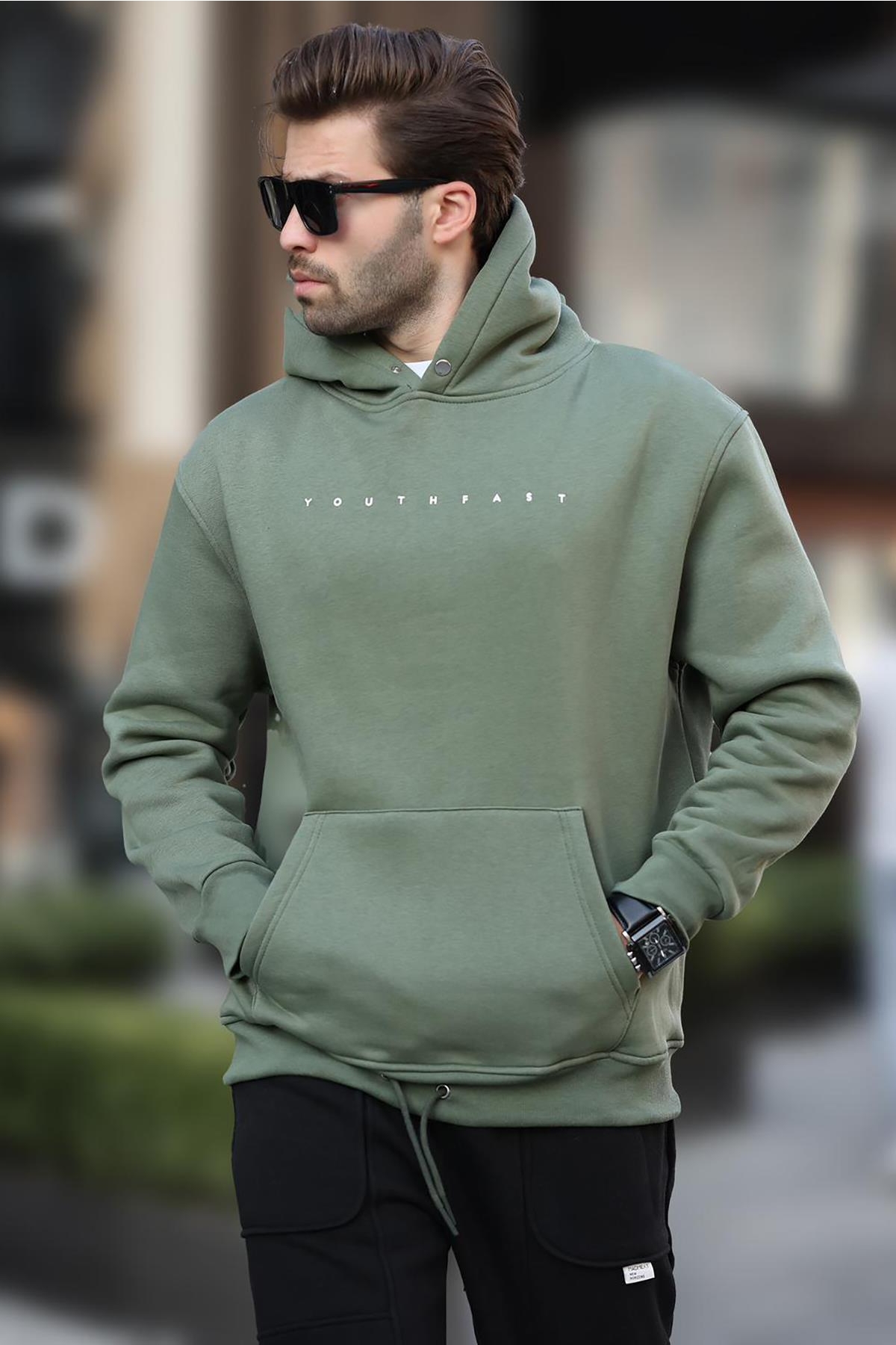 Haki Kapüşonlu Baskılı Erkek Sweatshirt 7077