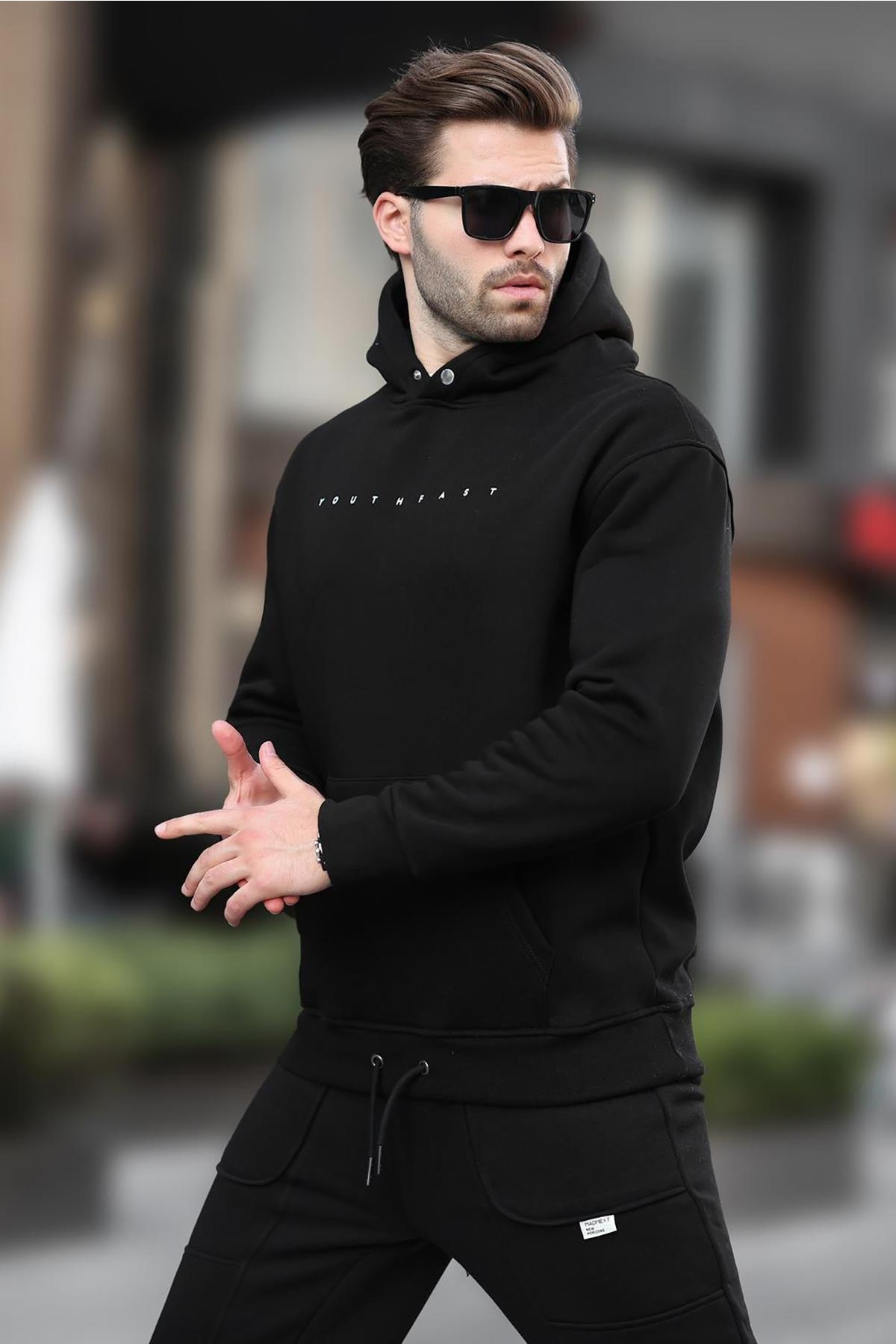 Siyah Kapüşonlu Baskılı Erkek Sweatshirt 7077